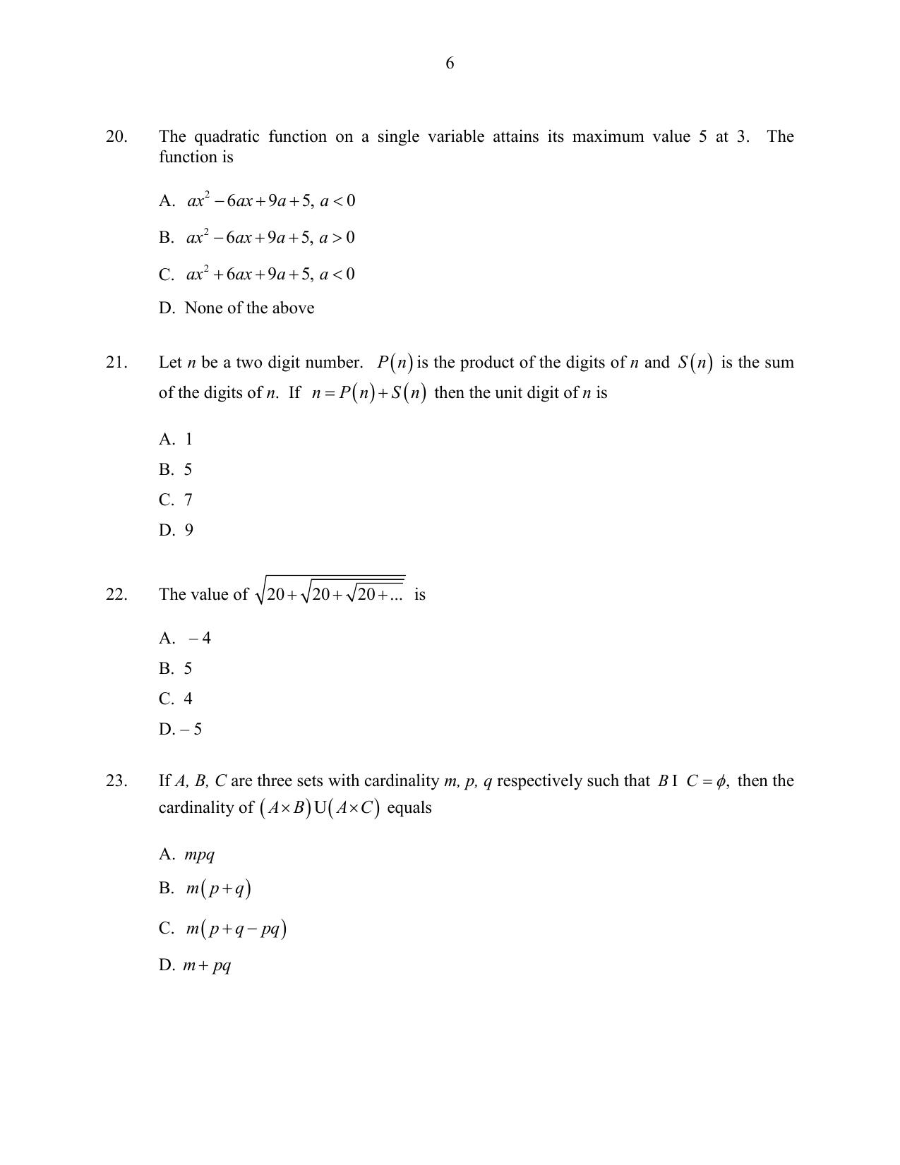 CUSAT CAT 2016 Mathematics Question Paper - Page 6