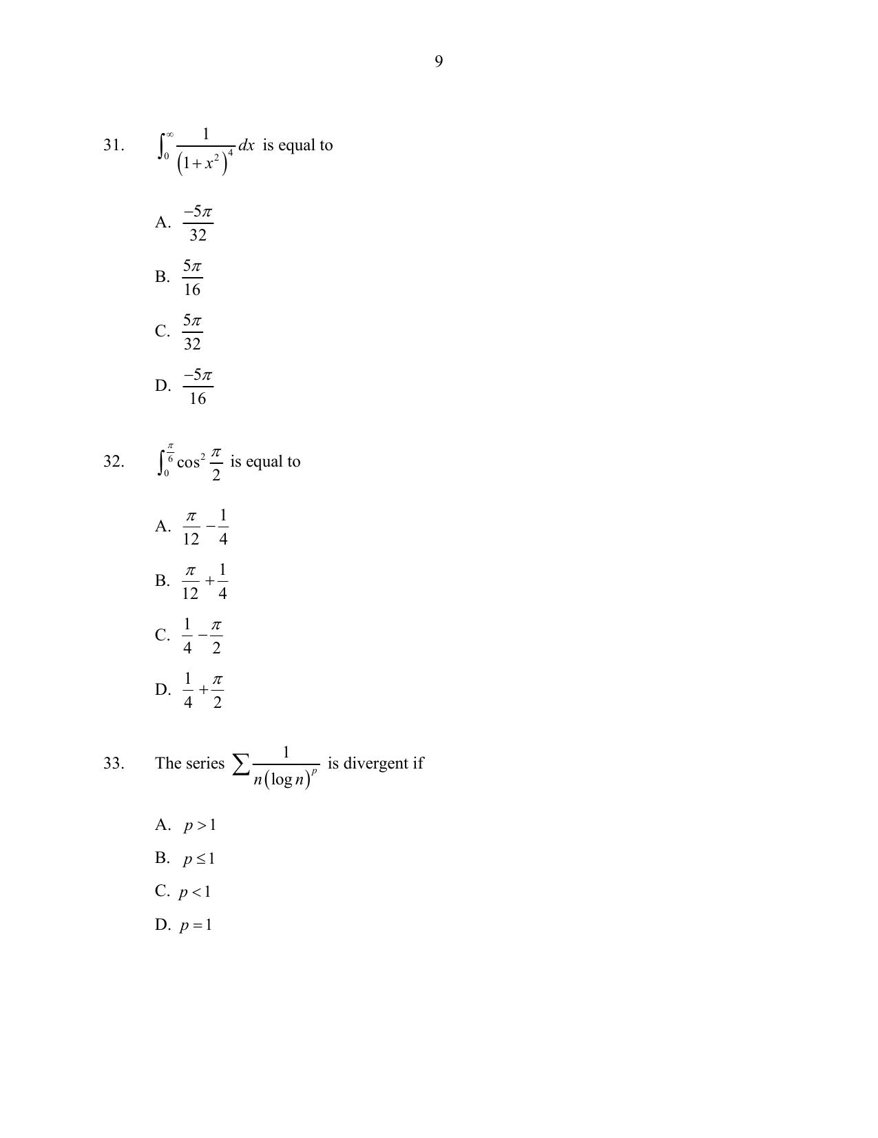 CUSAT CAT 2016 Mathematics Question Paper - Page 9