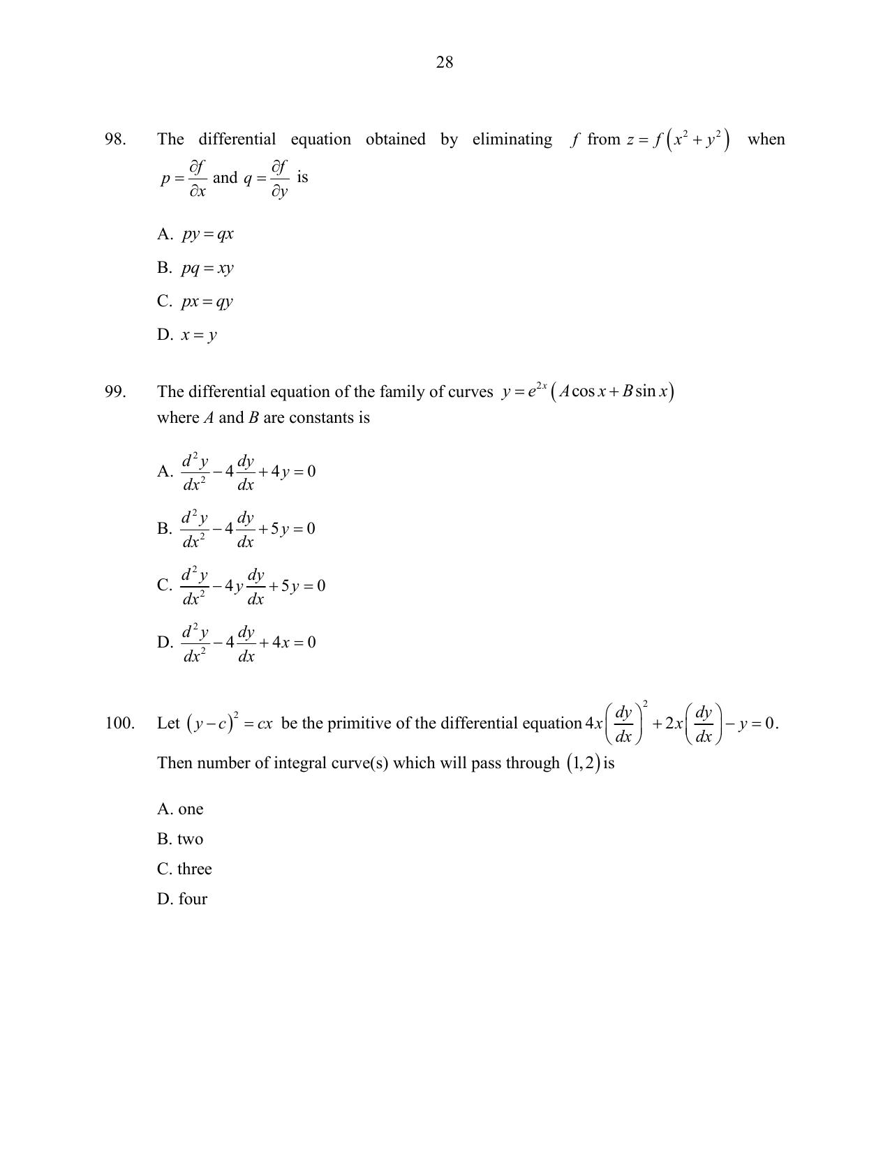 CUSAT CAT 2016 Mathematics Question Paper - Page 28