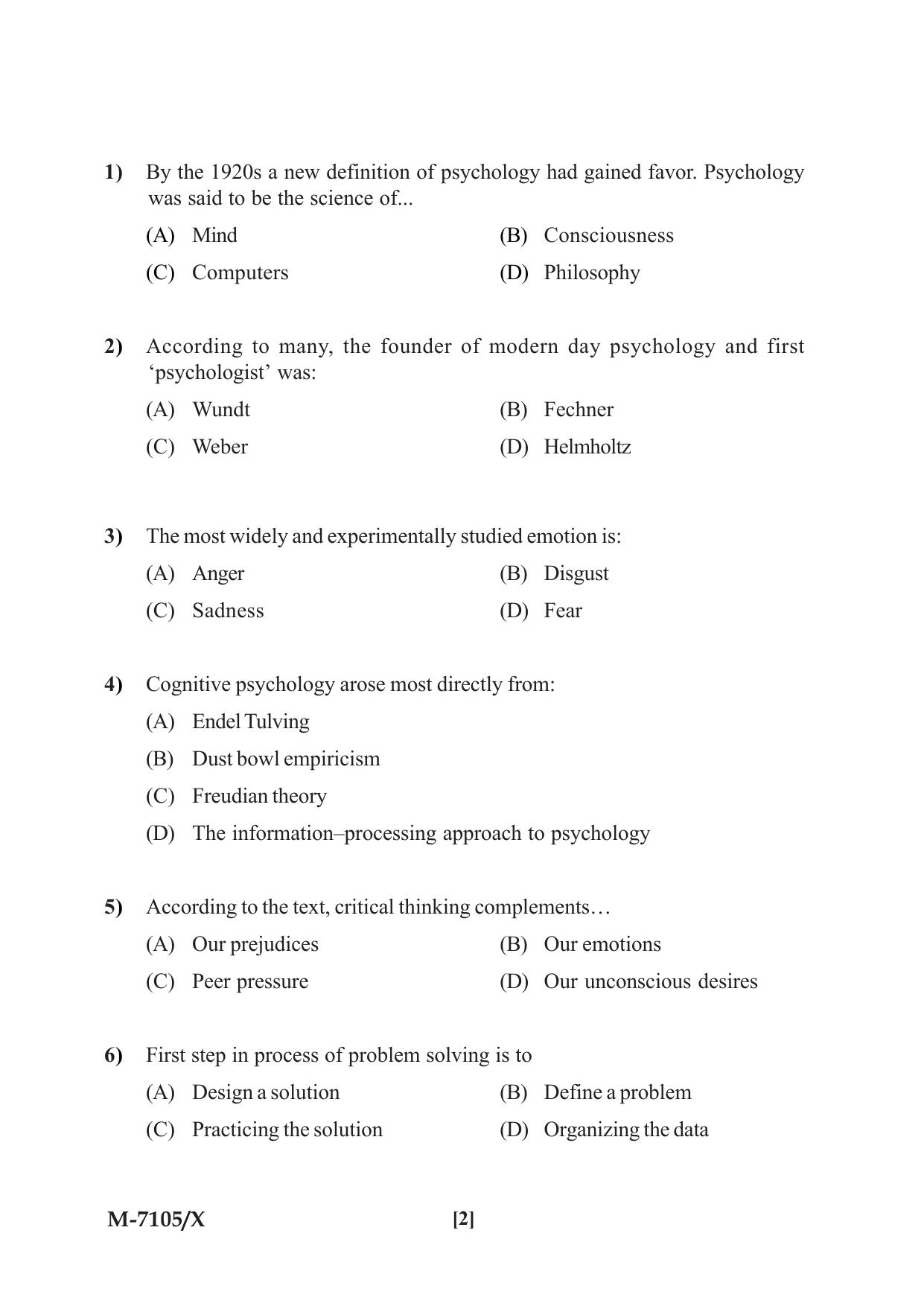 Mysore University PG Entrance Exam 2019: Psychology Question Paper - Page 2