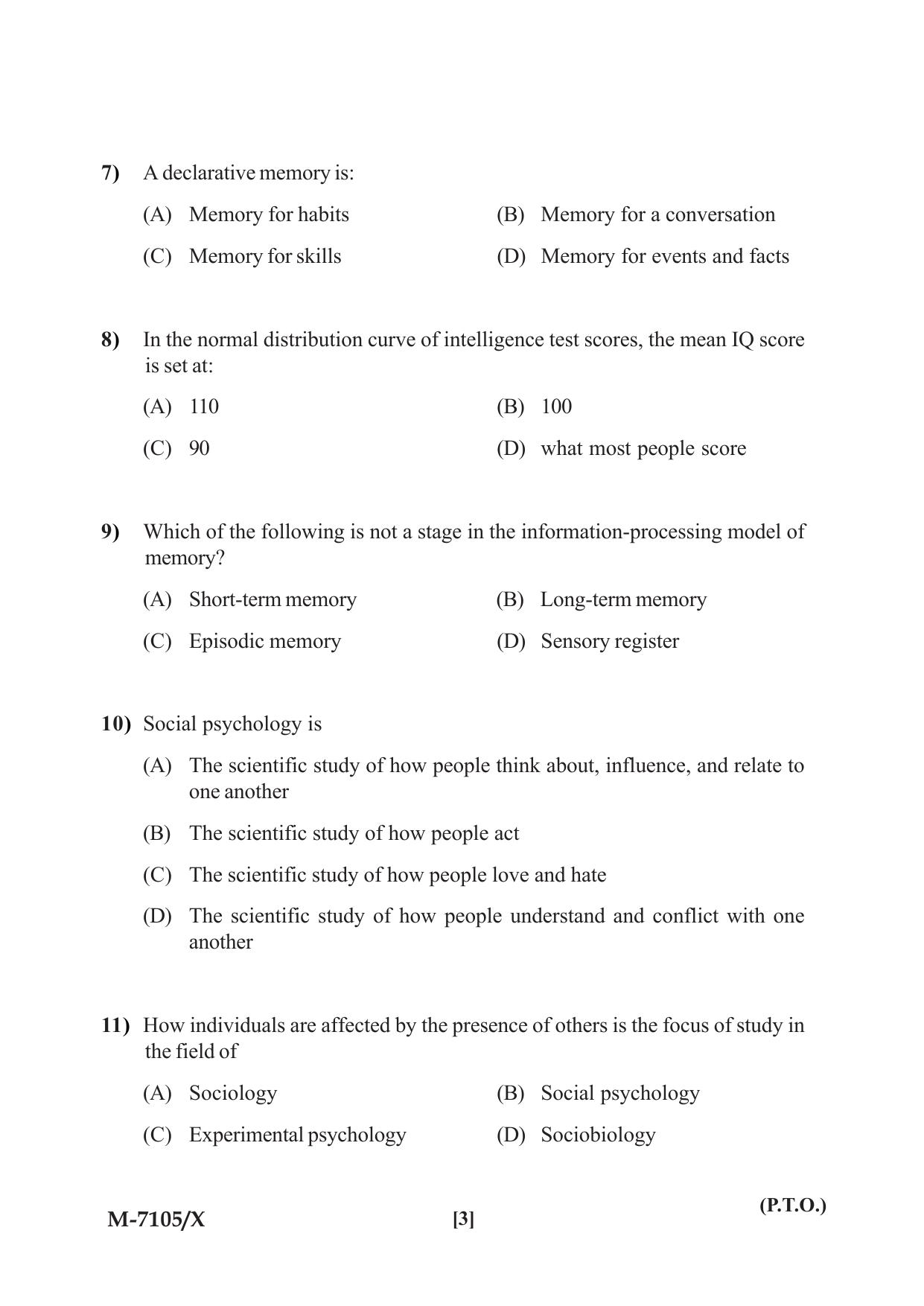 Mysore University PG Entrance Exam 2019: Psychology Question Paper - Page 3