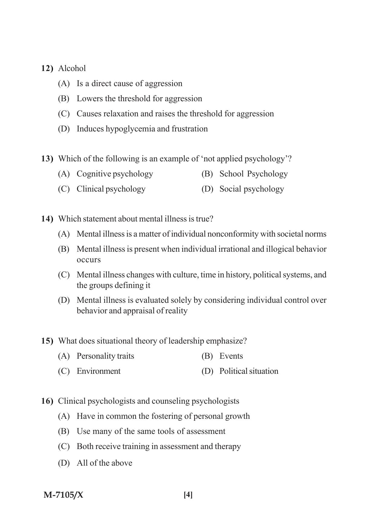 Mysore University PG Entrance Exam 2019: Psychology Question Paper - Page 4