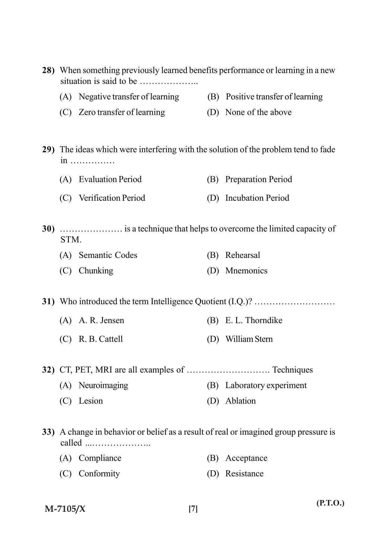 Mysore University PG Entrance Exam 2019: Psychology Question Paper - Page 7
