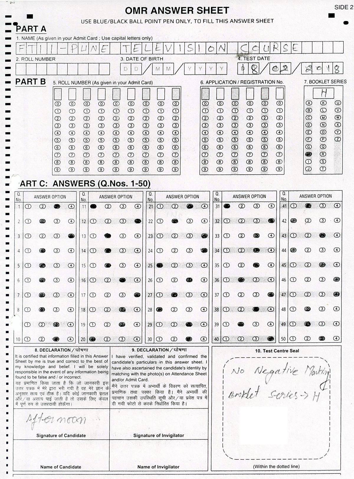 FTII JET Objective H Series (TV Courses) 2018 Answer Key - Page 1
