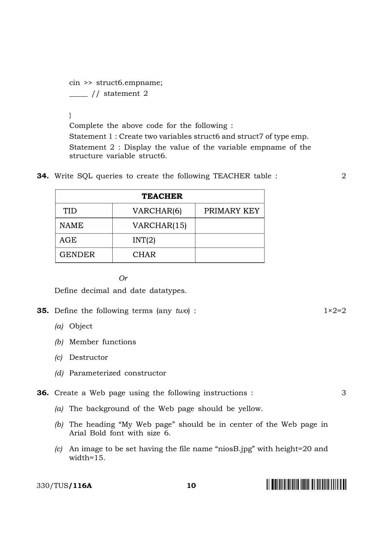 NIOS 2024 Class 12 Computer Science Question Paper - Page 10