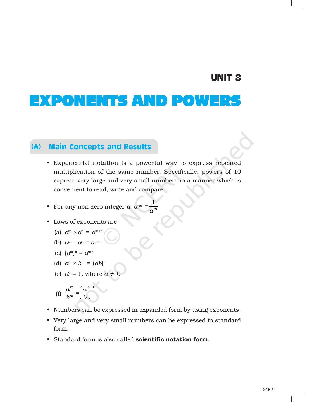 NCERT Exemplar Book for Class 8 Maths: Chapter 8- Exponents and Powers - Page 1