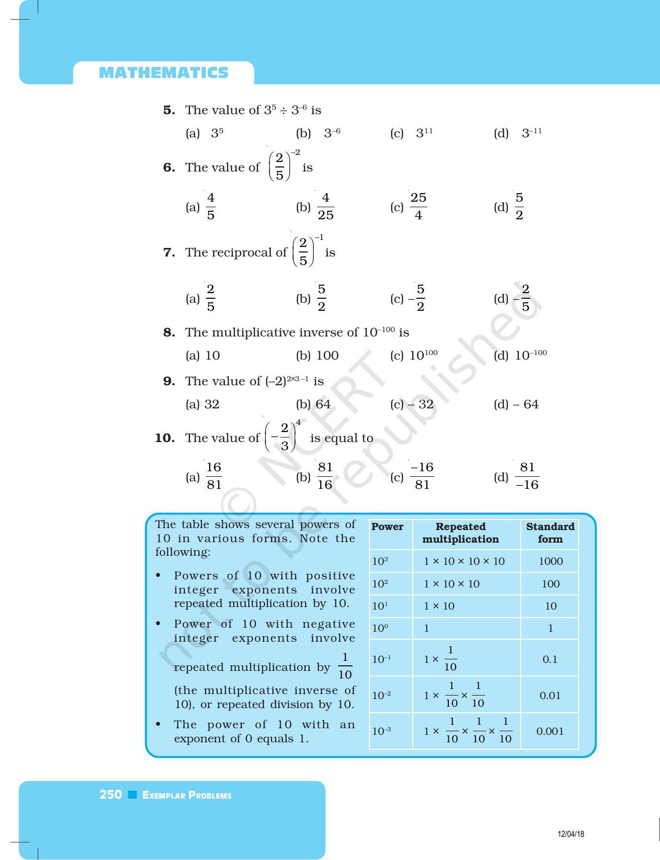 NCERT Exemplar Book for Class 8 Maths: Chapter 8- Exponents and Powers - Page 6