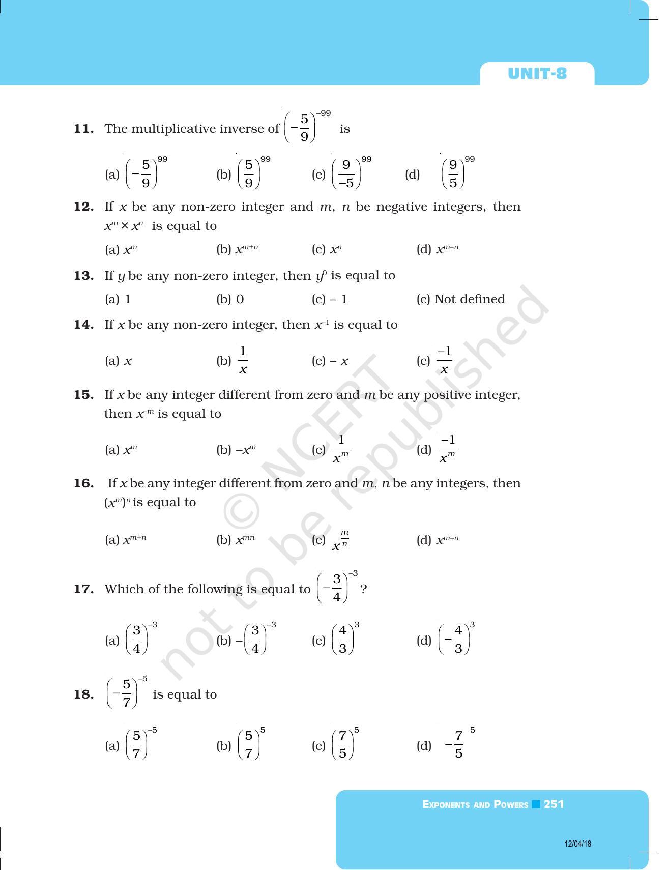 NCERT Exemplar Book for Class 8 Maths: Chapter 8- Exponents and Powers - Page 7