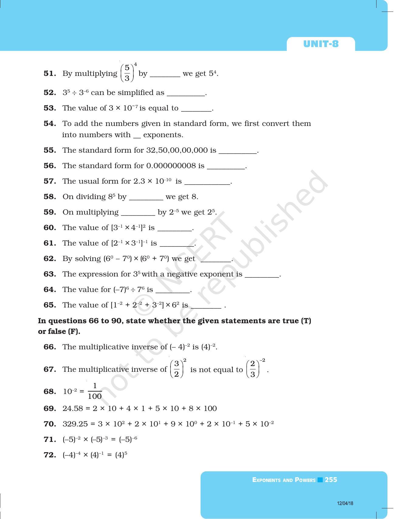 NCERT Exemplar Book for Class 8 Maths: Chapter 8- Exponents and Powers - Page 11