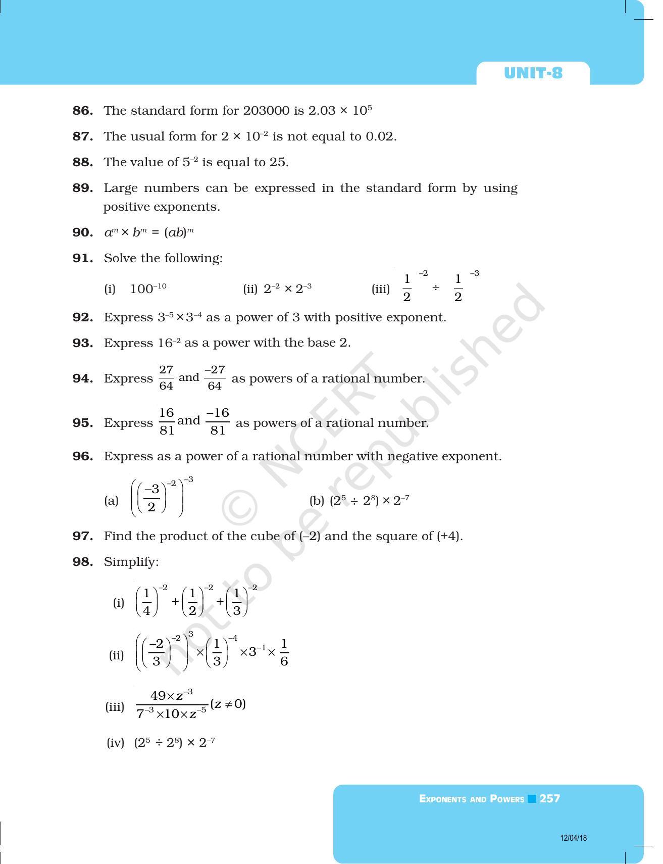 NCERT Exemplar Book for Class 8 Maths: Chapter 8- Exponents and Powers - Page 13