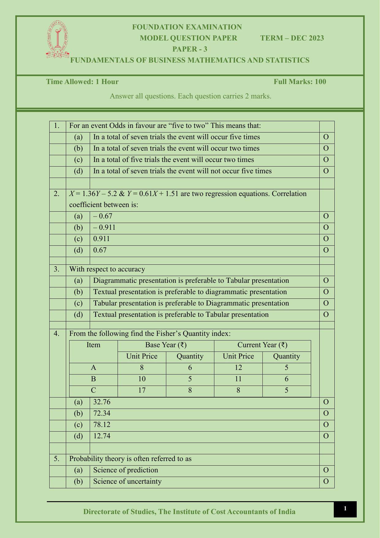 ICMAI Dec 2023 - Paper 3 – FUNDAMENTALS OF BUSINESS MATHEMATICS AND STATISTICS - Answer Key - Page 1