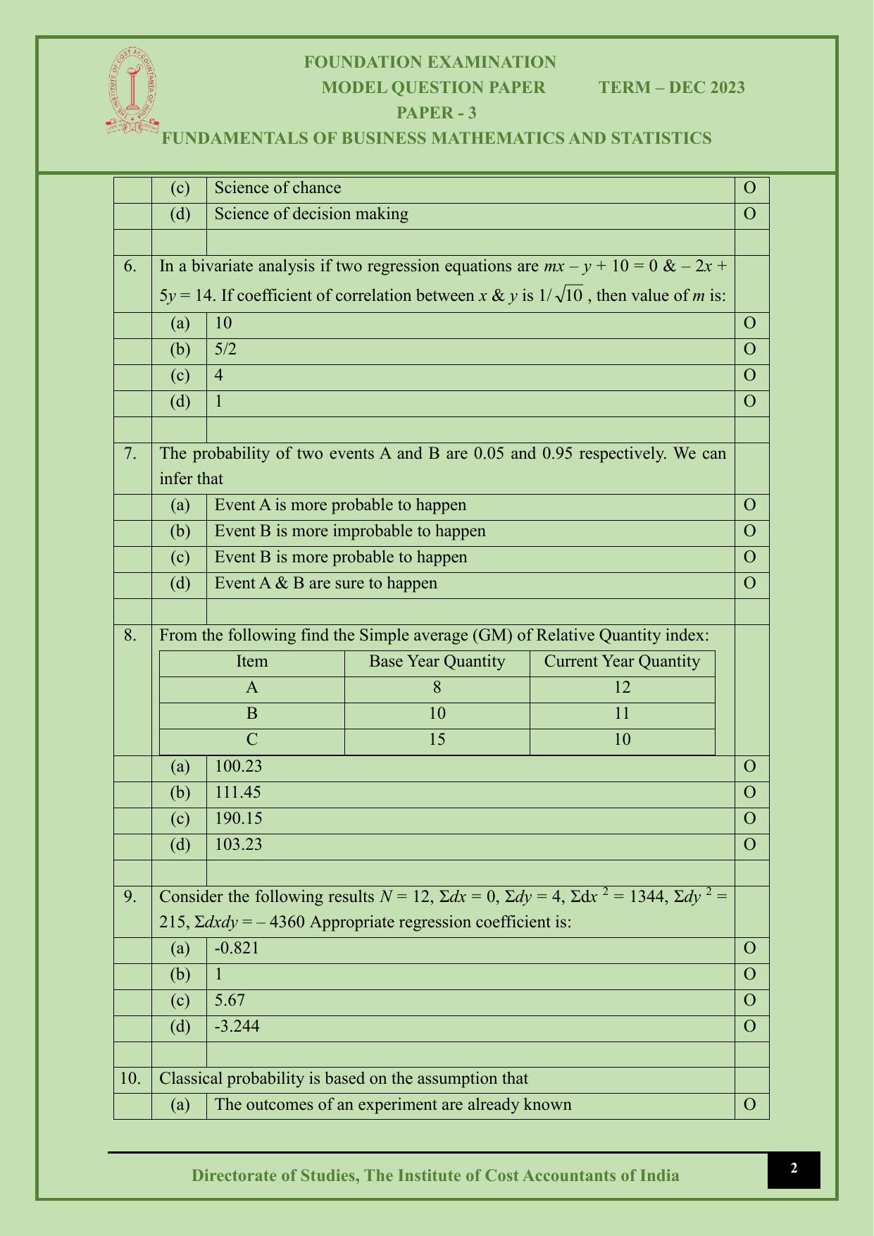 ICMAI Dec 2023 - Paper 3 – FUNDAMENTALS OF BUSINESS MATHEMATICS AND STATISTICS - Answer Key - Page 2