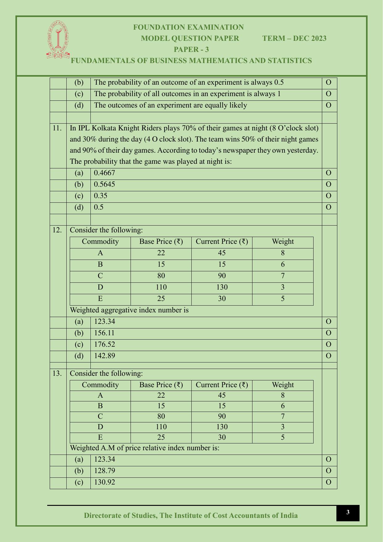 ICMAI Dec 2023 - Paper 3 – FUNDAMENTALS OF BUSINESS MATHEMATICS AND STATISTICS - Answer Key - Page 3
