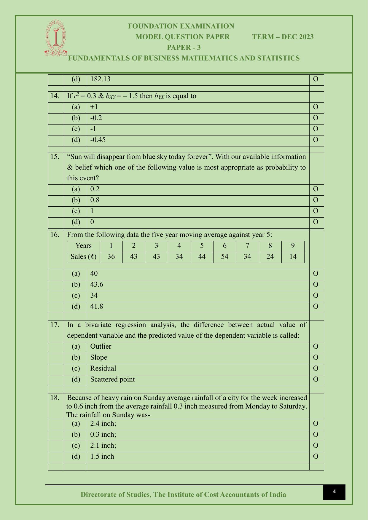 ICMAI Dec 2023 - Paper 3 – FUNDAMENTALS OF BUSINESS MATHEMATICS AND STATISTICS - Answer Key - Page 4