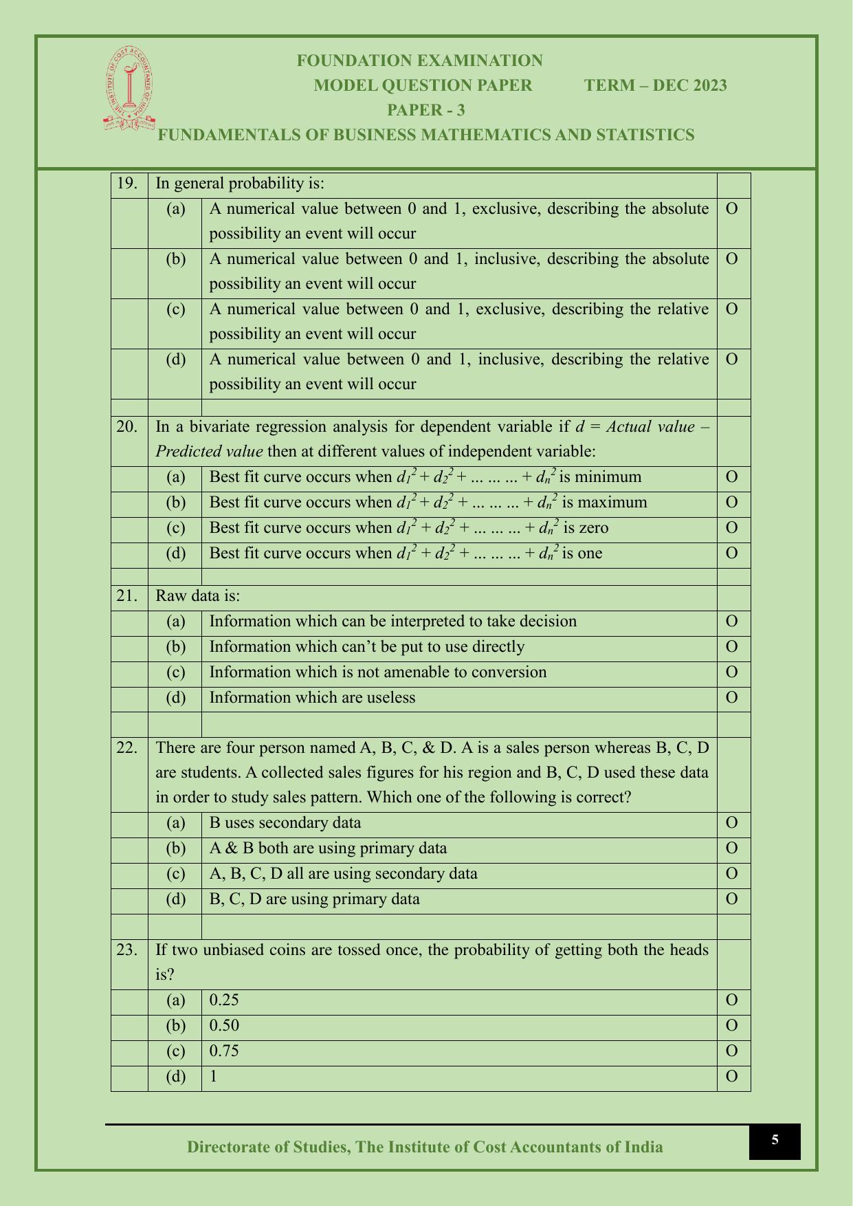 ICMAI Dec 2023 - Paper 3 – FUNDAMENTALS OF BUSINESS MATHEMATICS AND STATISTICS - Answer Key - Page 5