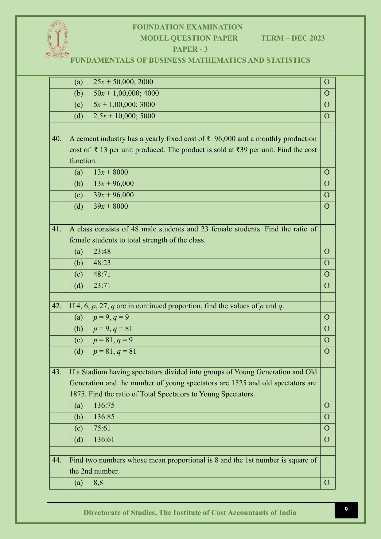 ICMAI Dec 2023 - Paper 3 – FUNDAMENTALS OF BUSINESS MATHEMATICS AND STATISTICS - Answer Key - Page 9