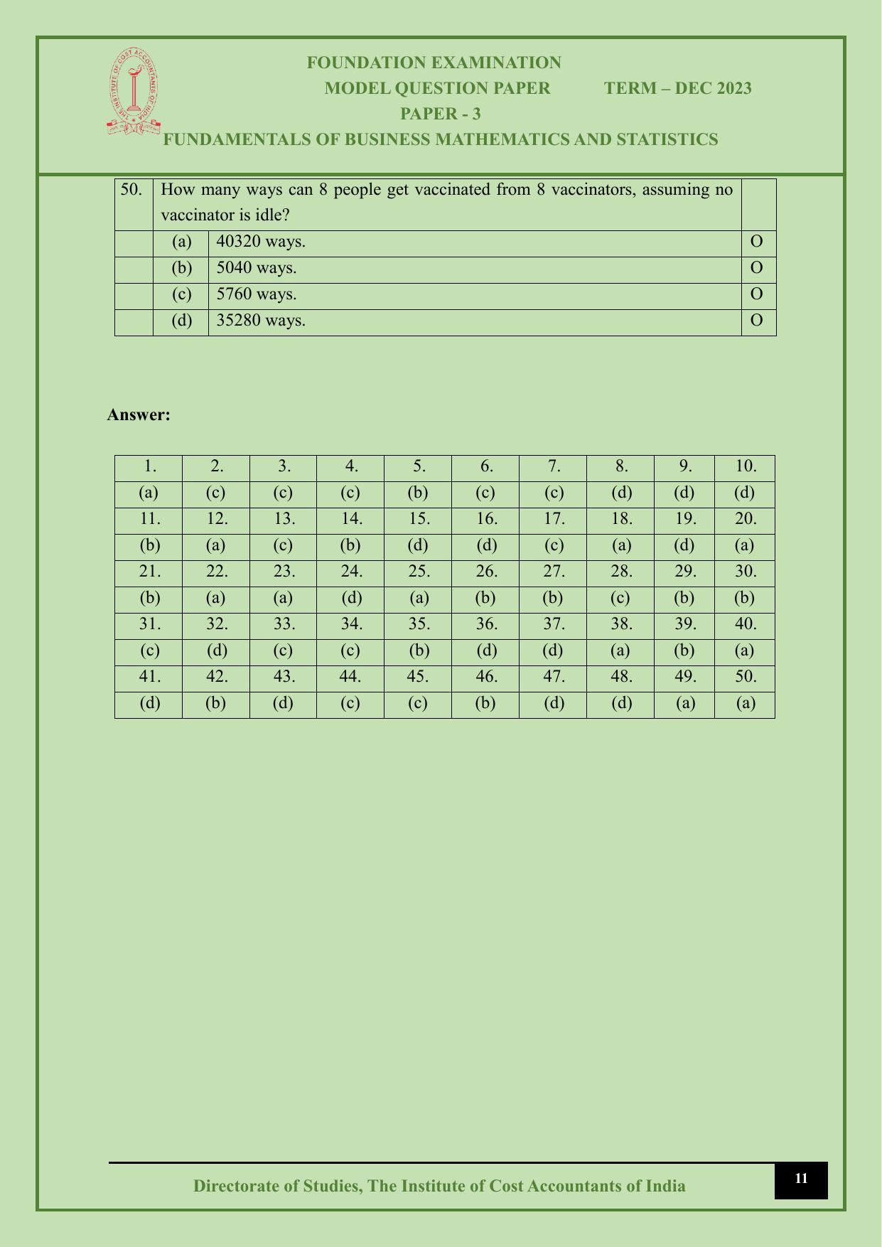 ICMAI Dec 2023 - Paper 3 – FUNDAMENTALS OF BUSINESS MATHEMATICS AND STATISTICS - Answer Key - Page 11