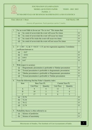 ICMAI Dec 2023 - Paper 3 – FUNDAMENTALS OF BUSINESS MATHEMATICS AND STATISTICS - Answer Key
