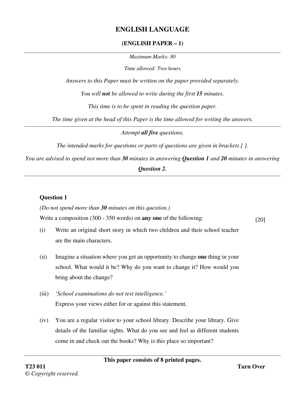 ICSE Class 10 ENGLISH LANGUAGE 2023 Question Paper - Page 1
