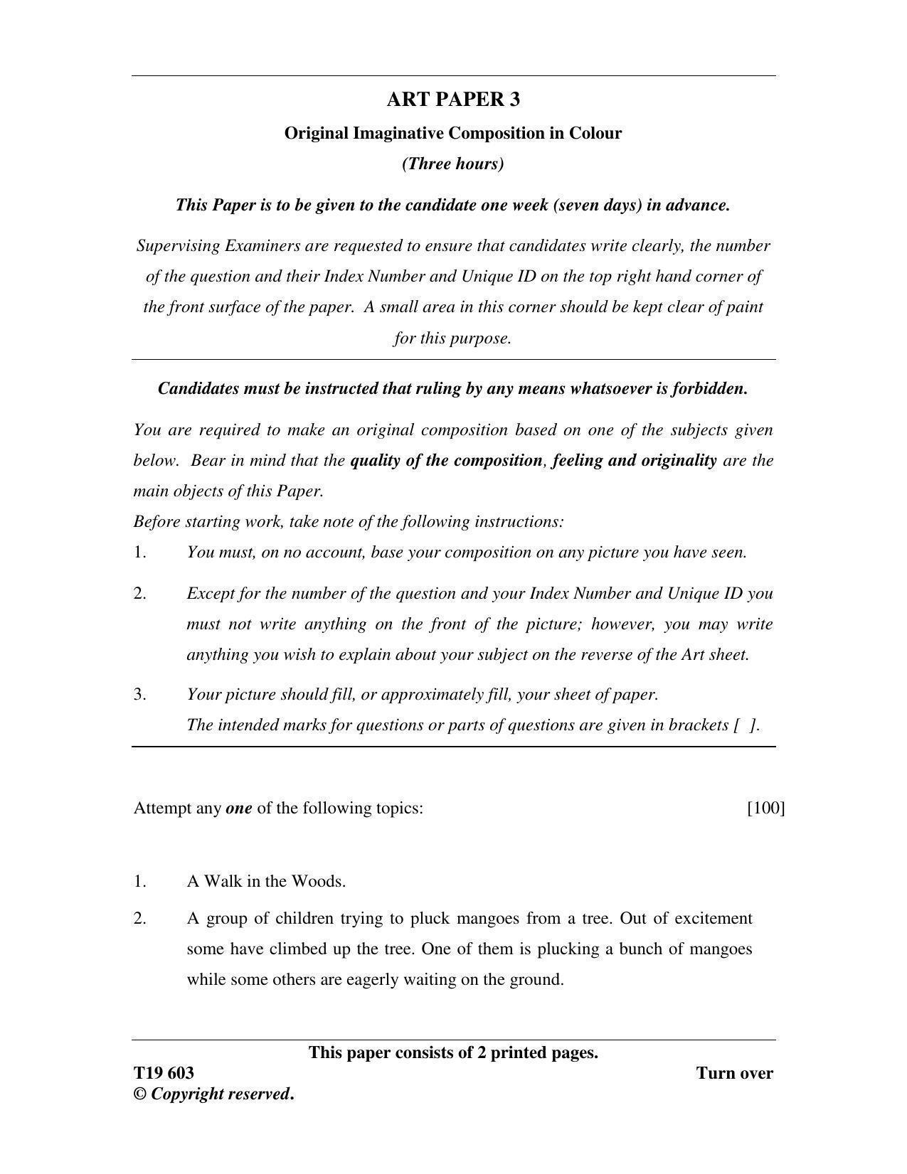ICSE Class 10 Art Paper 3 (Original Imaginative Composition in Colour) 2019 Question Paper - Page 1