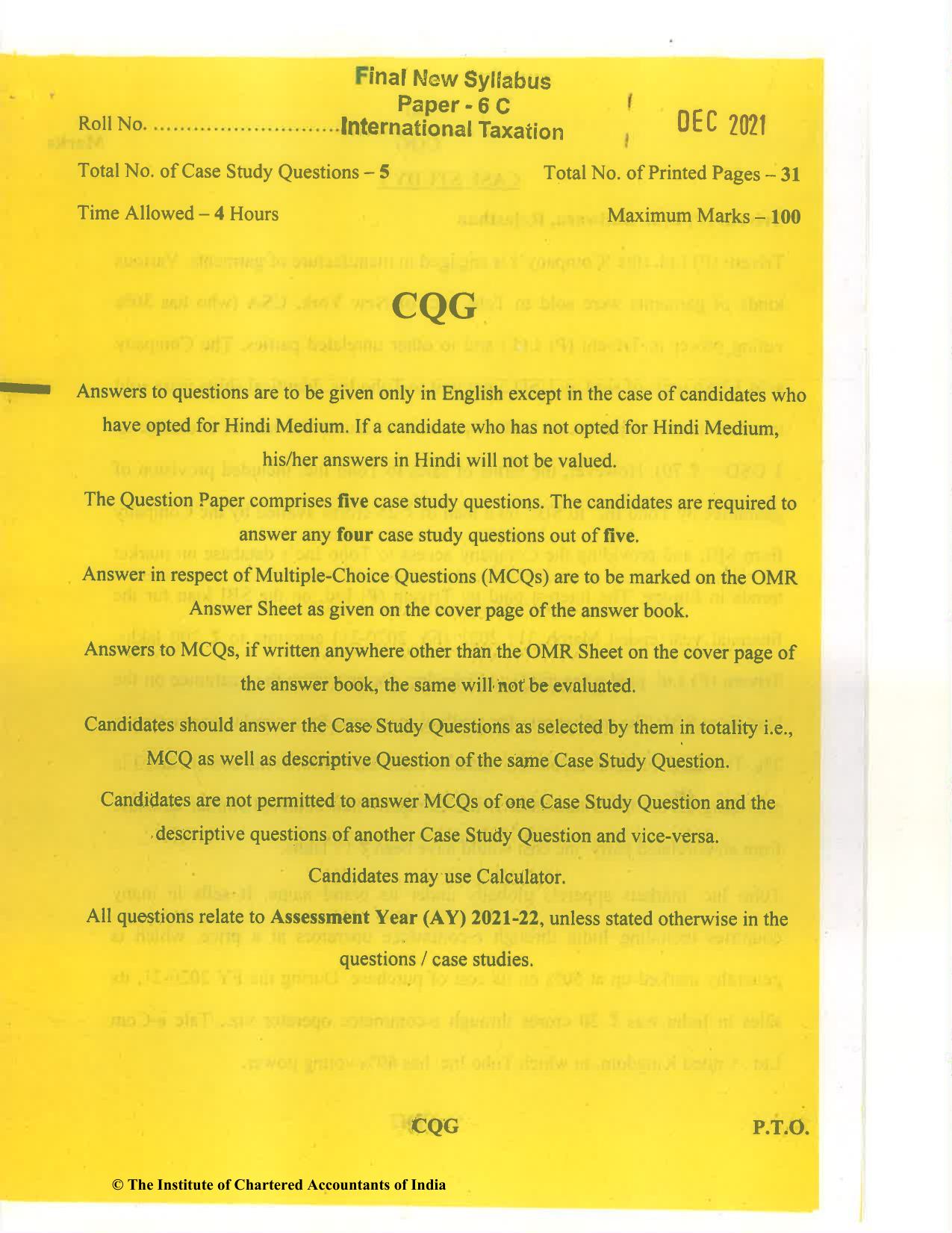 CA Final Dec 2021 Question Paper - Paper 6C – International Taxation - Page 1