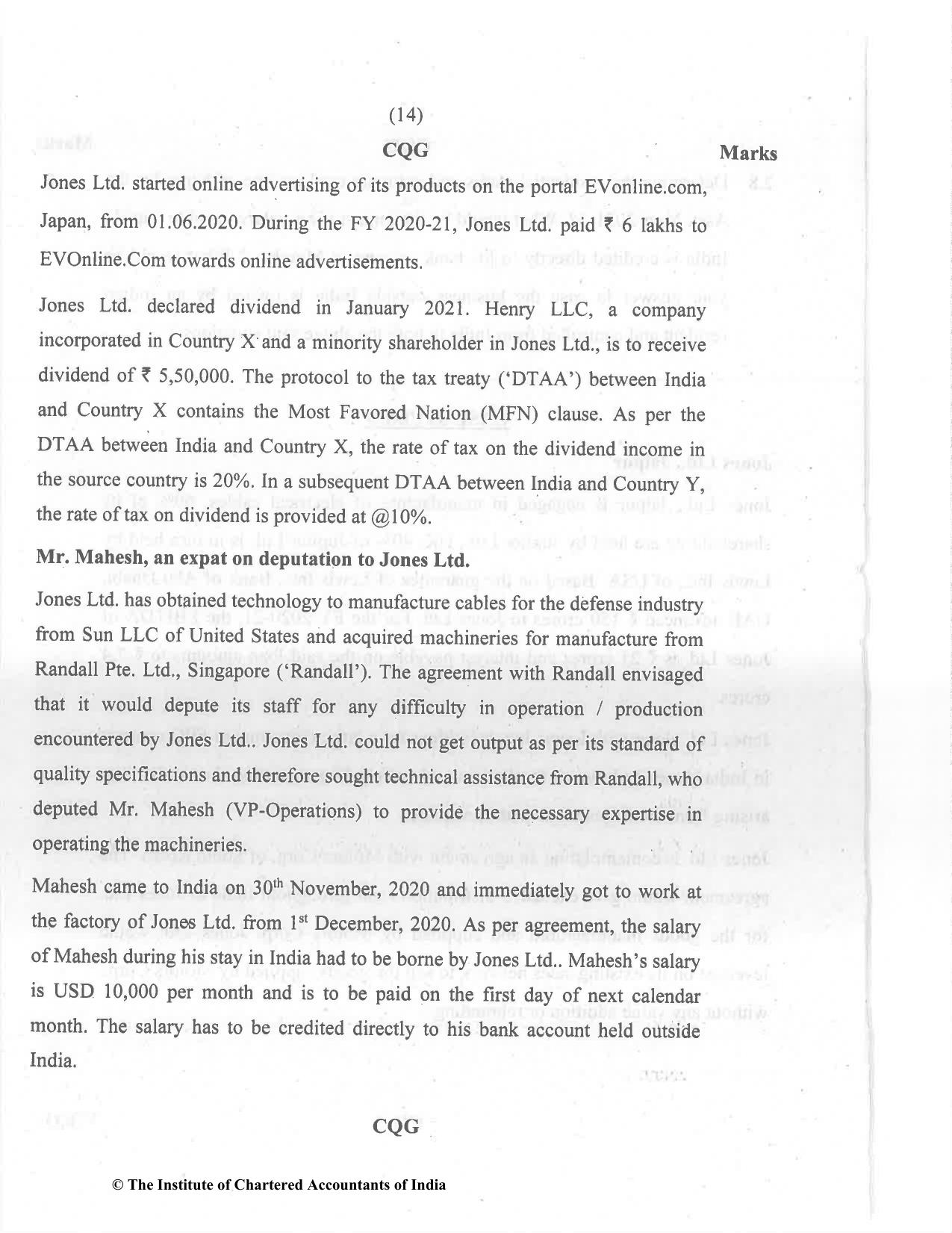 CA Final Dec 2021 Question Paper - Paper 6C – International Taxation - Page 14