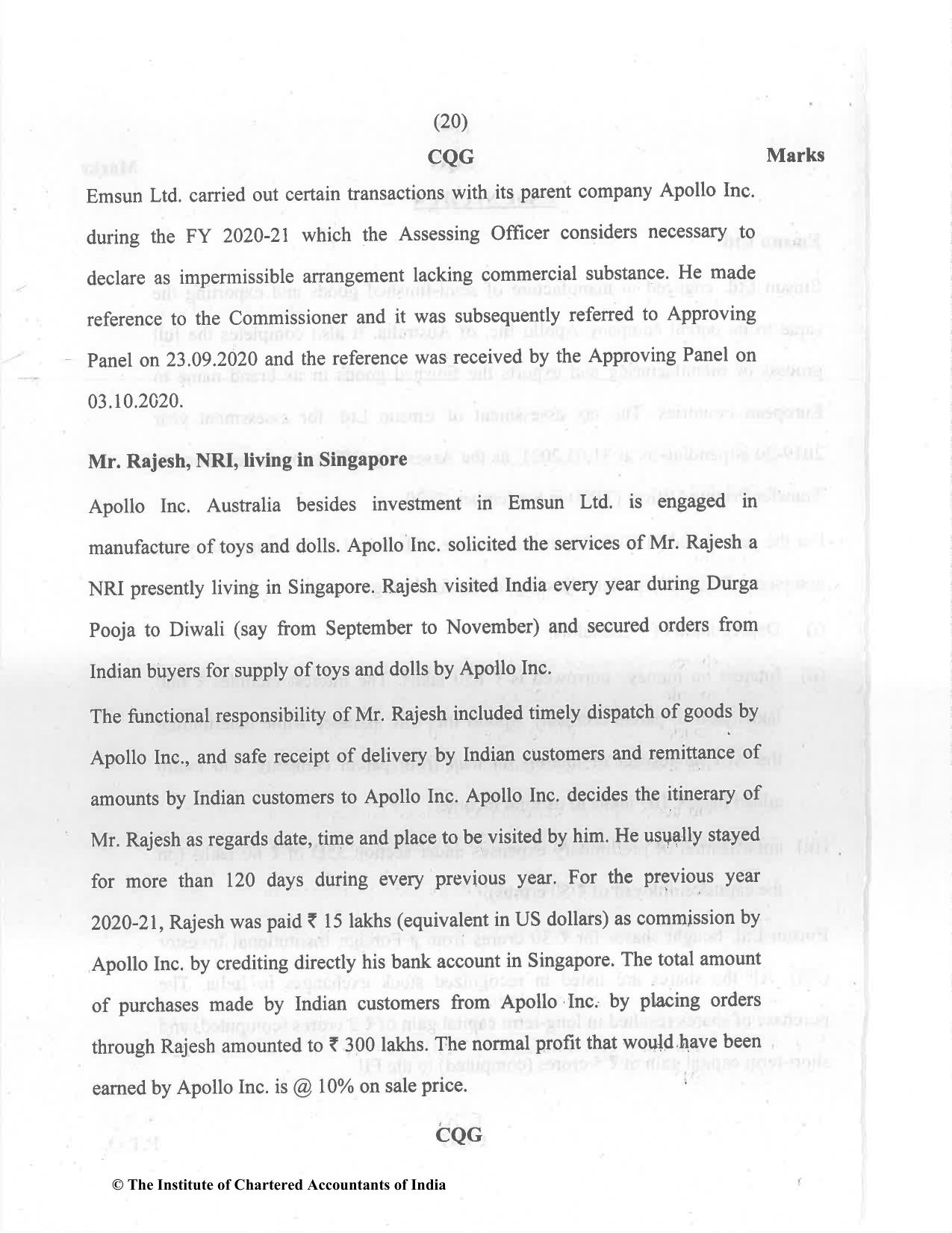 CA Final Dec 2021 Question Paper - Paper 6C – International Taxation - Page 20