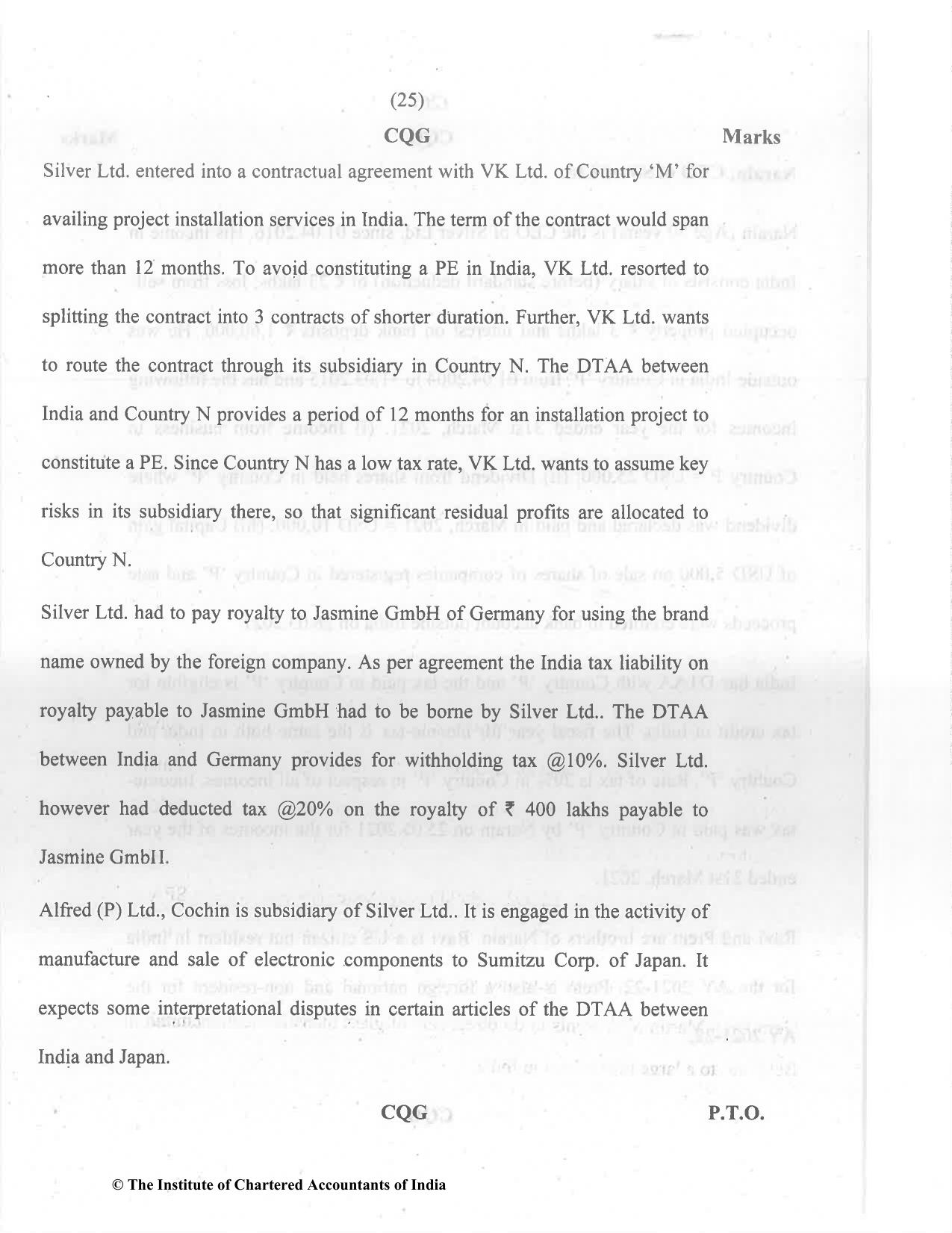 CA Final Dec 2021 Question Paper - Paper 6C – International Taxation - Page 25