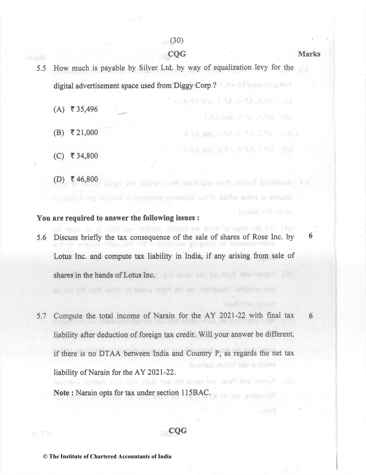 CA Final Dec 2021 Question Paper - Paper 6C – International Taxation - Page 30