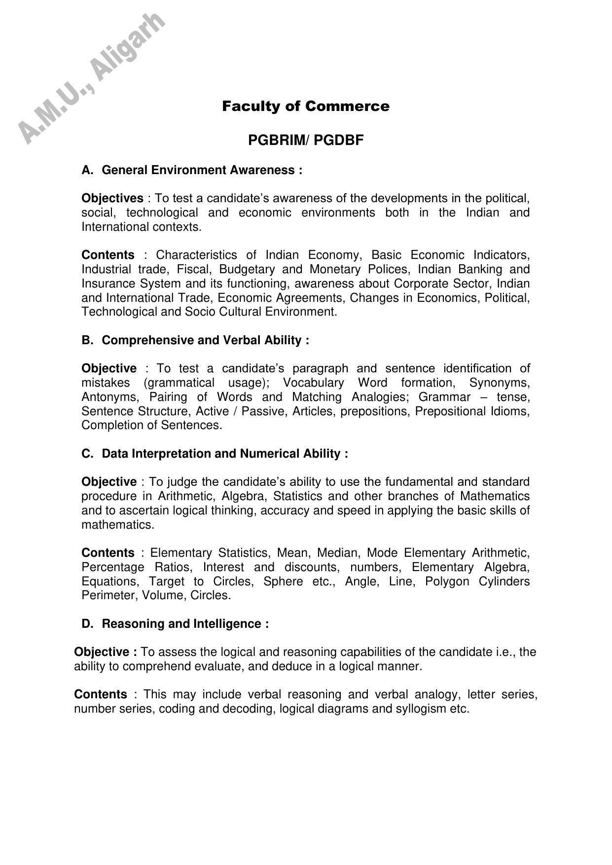 AMU Entrance Exam: AMU Entrance Exam: P.G. Diploma in Business Finance (PGDBF) Syllabus - Page 1