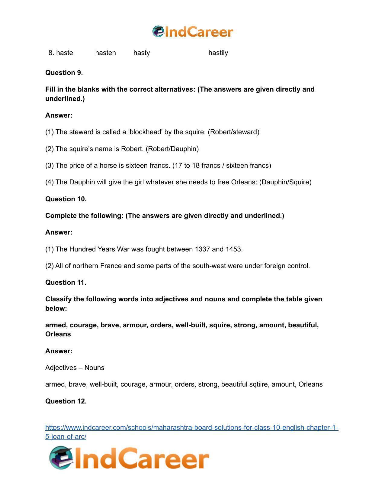 Maharashtra Board Solutions for Class 10- English: Chapter 1.5- Joan of Arc - Page 14