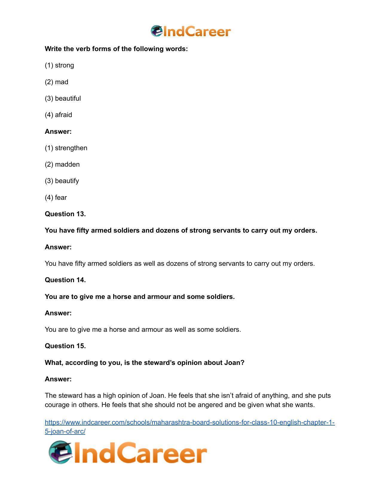 Maharashtra Board Solutions for Class 10- English: Chapter 1.5- Joan of Arc - Page 15