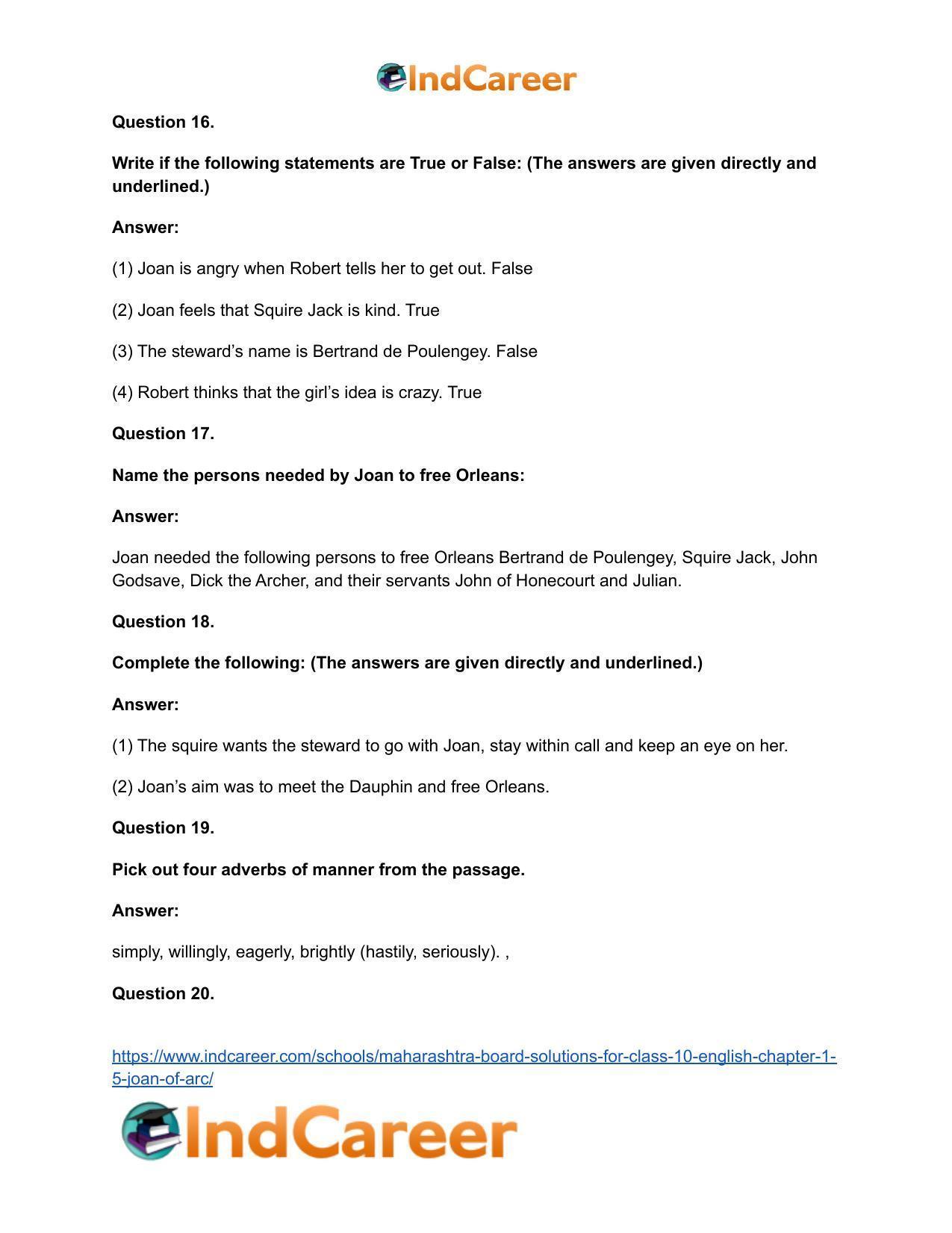 Maharashtra Board Solutions for Class 10- English: Chapter 1.5- Joan of Arc - Page 16