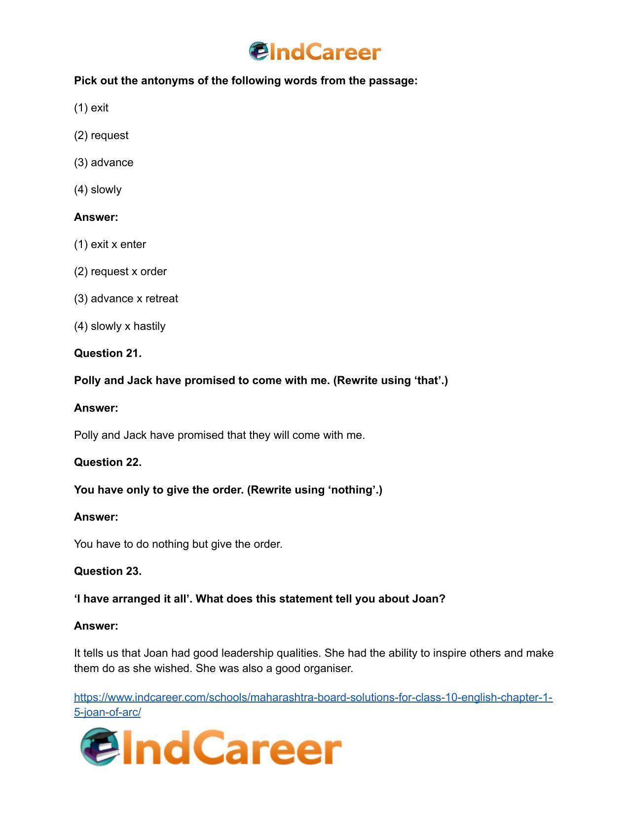 Maharashtra Board Solutions for Class 10- English: Chapter 1.5- Joan of Arc - Page 17
