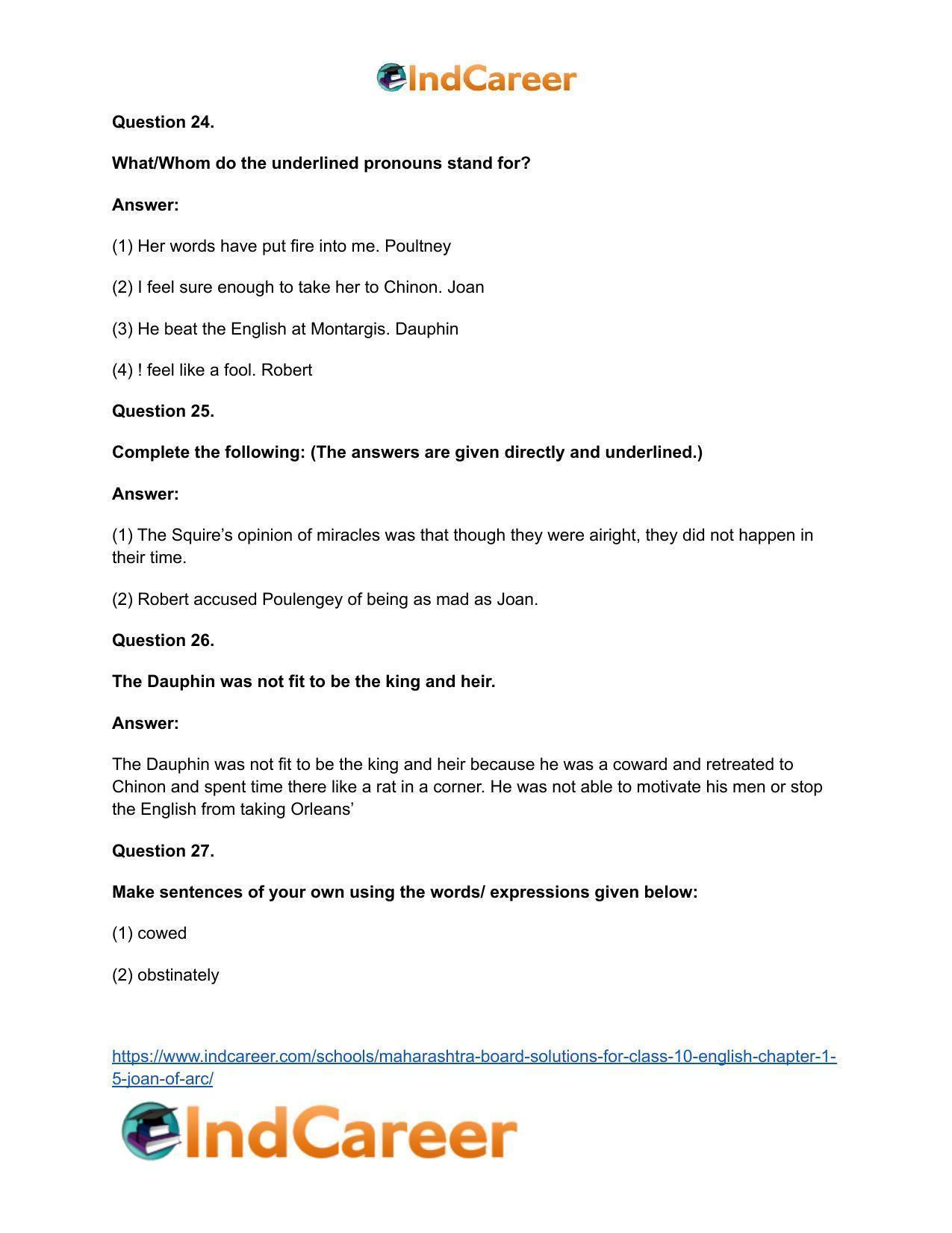 Maharashtra Board Solutions for Class 10- English: Chapter 1.5- Joan of Arc - Page 18