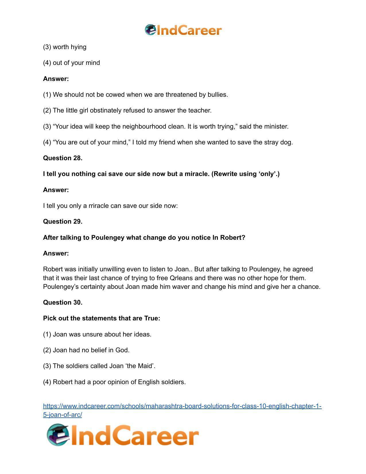 Maharashtra Board Solutions for Class 10- English: Chapter 1.5- Joan of Arc - Page 19