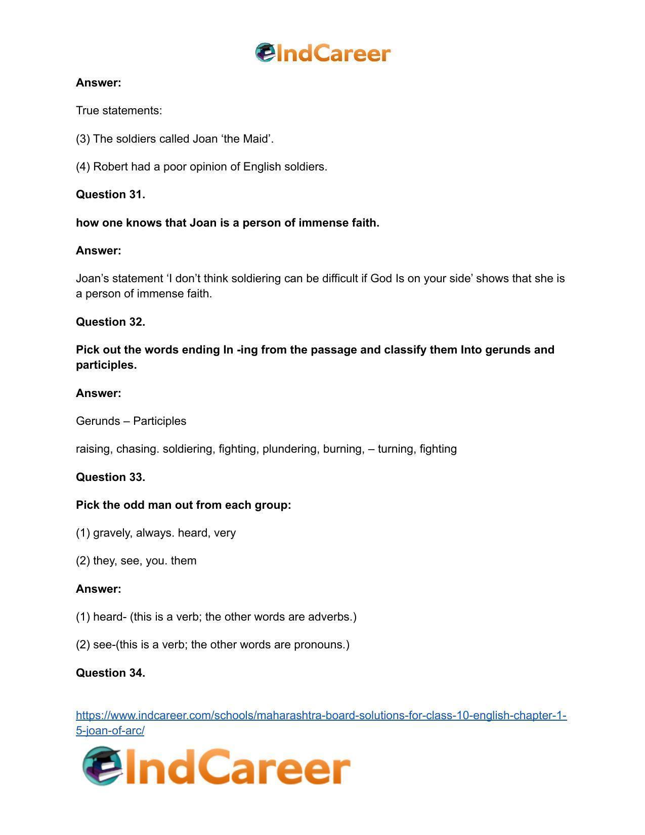 Maharashtra Board Solutions for Class 10- English: Chapter 1.5- Joan of Arc - Page 20