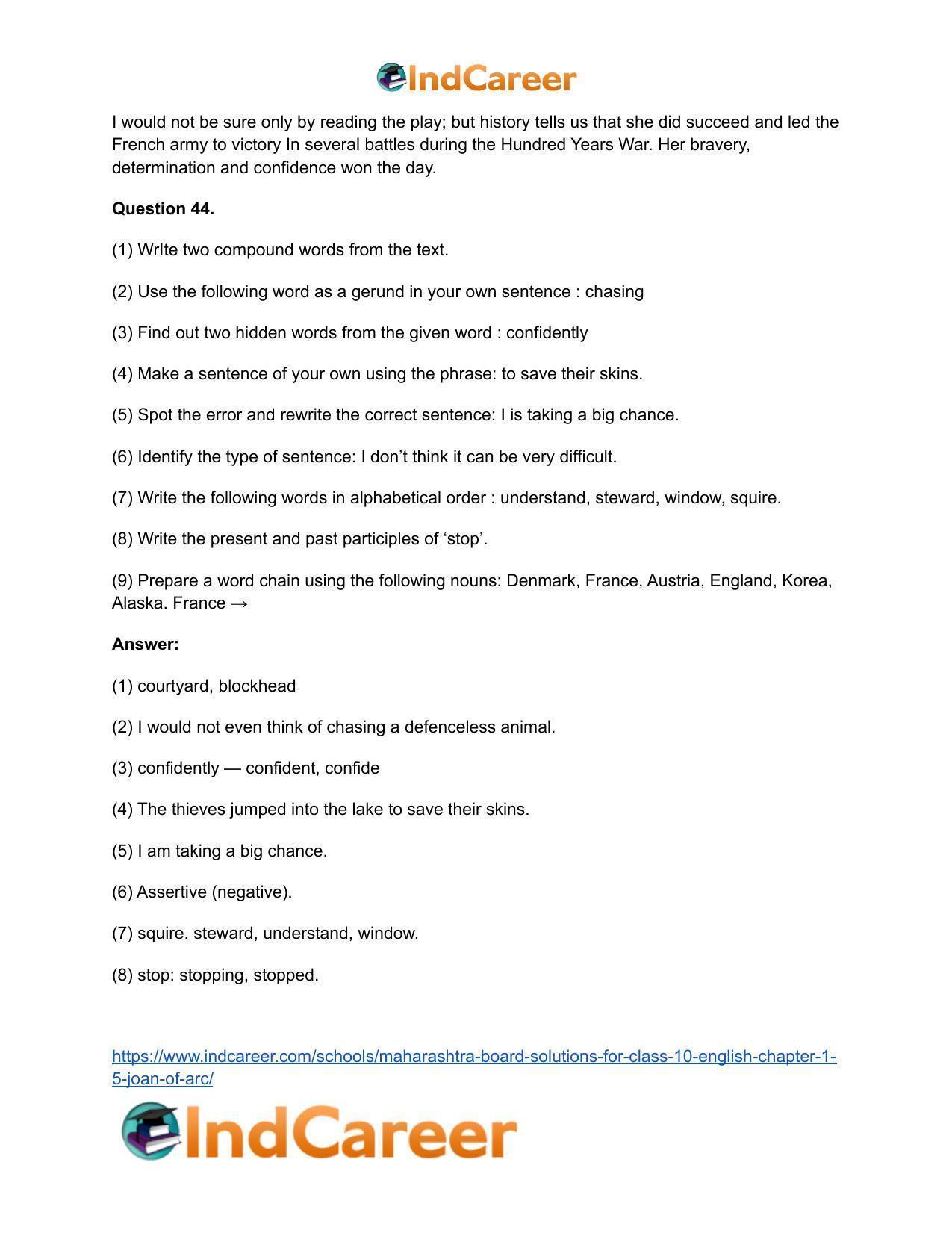 Maharashtra Board Solutions for Class 10- English: Chapter 1.5- Joan of Arc - Page 23
