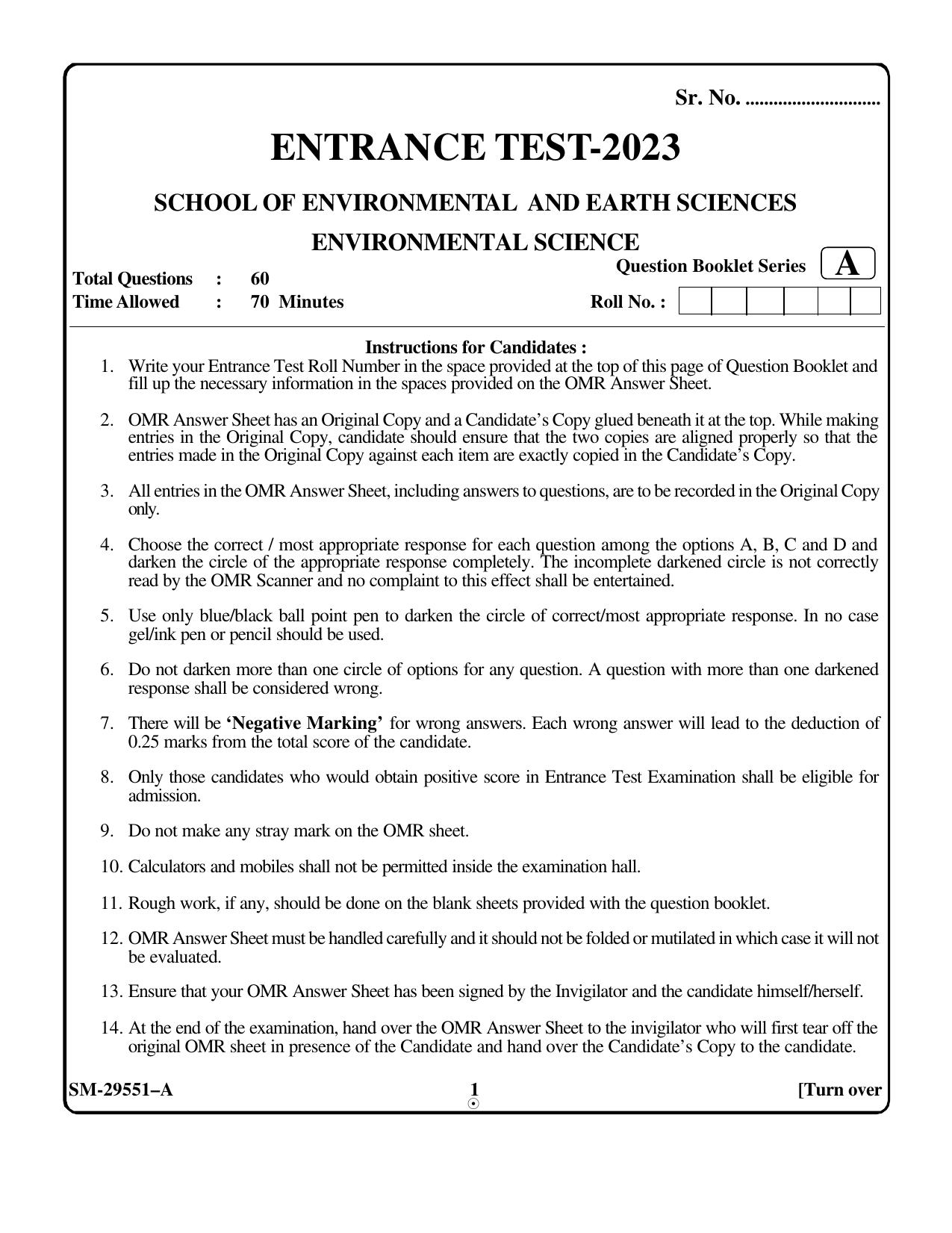 KUET 2023 M.Sc. Environmental Science Question Paper - Page 1