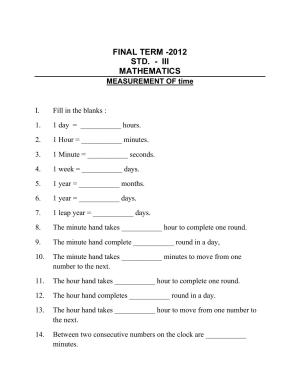 Worksheet for Class 3 Mathematics Measurement of Time Assignment
