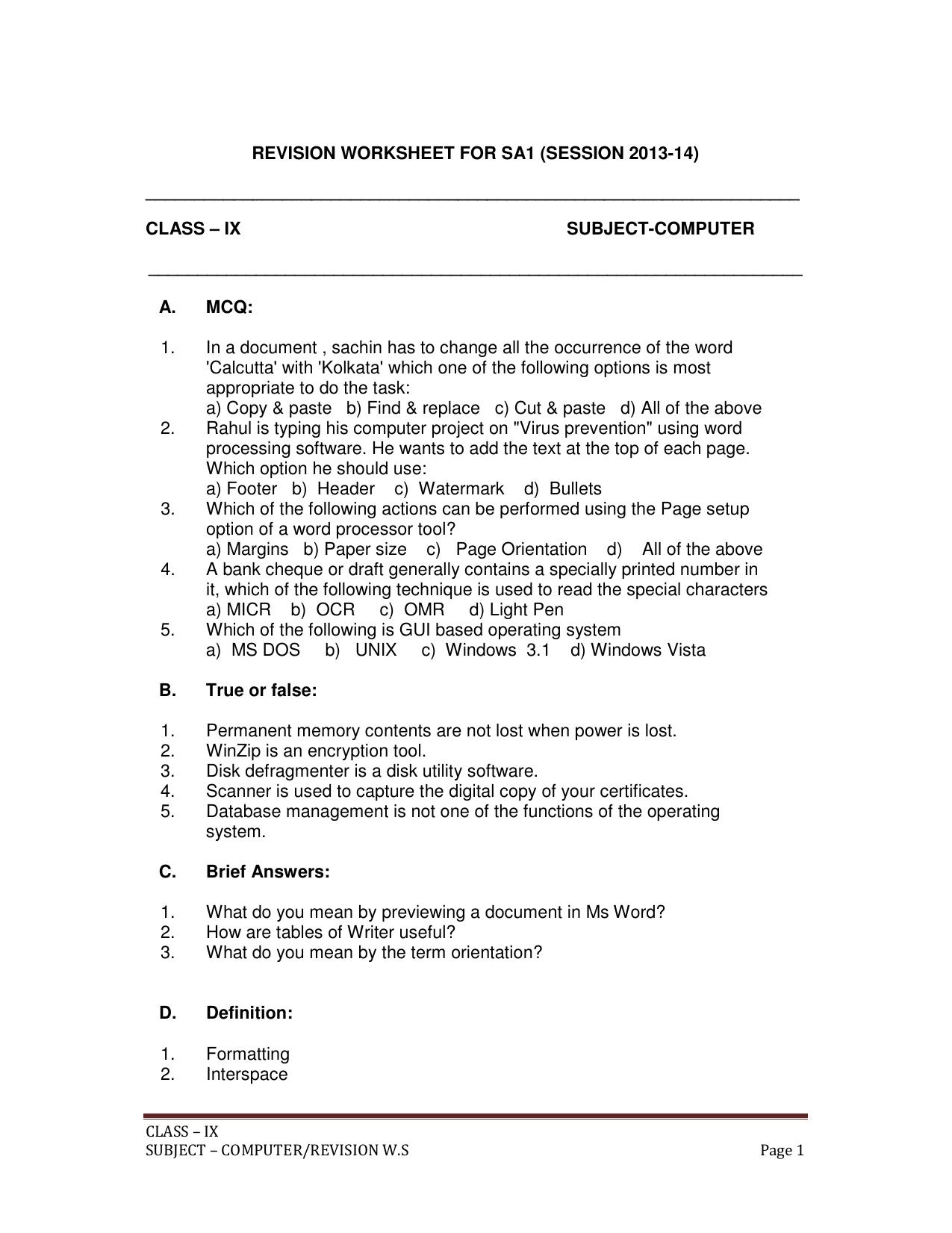 CBSE Worksheets for Class 9 Computer Science Assignment 6 - Page 1