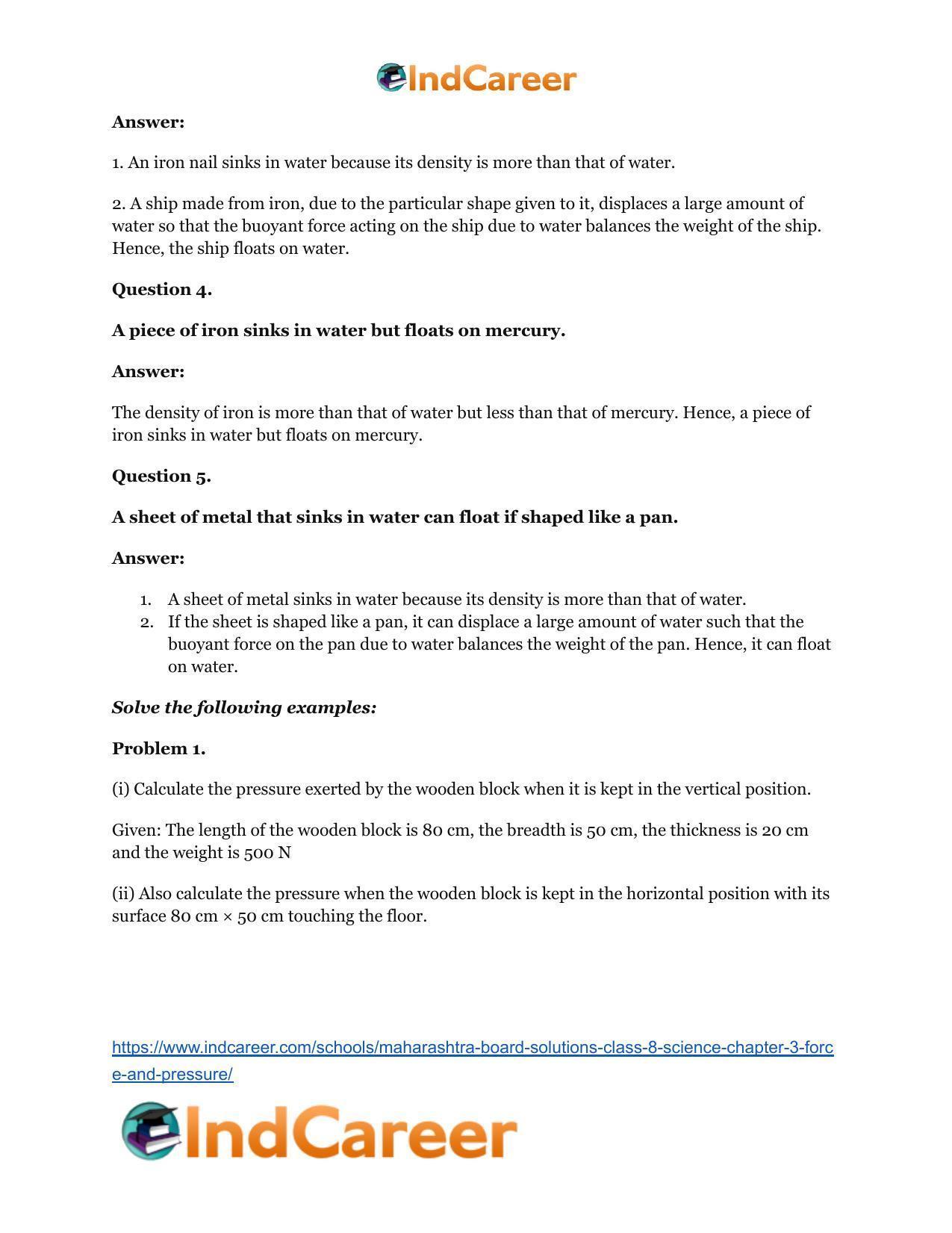Maharashtra Board Solutions Class 8-Science: Chapter 3- Force and Pressure - Page 58