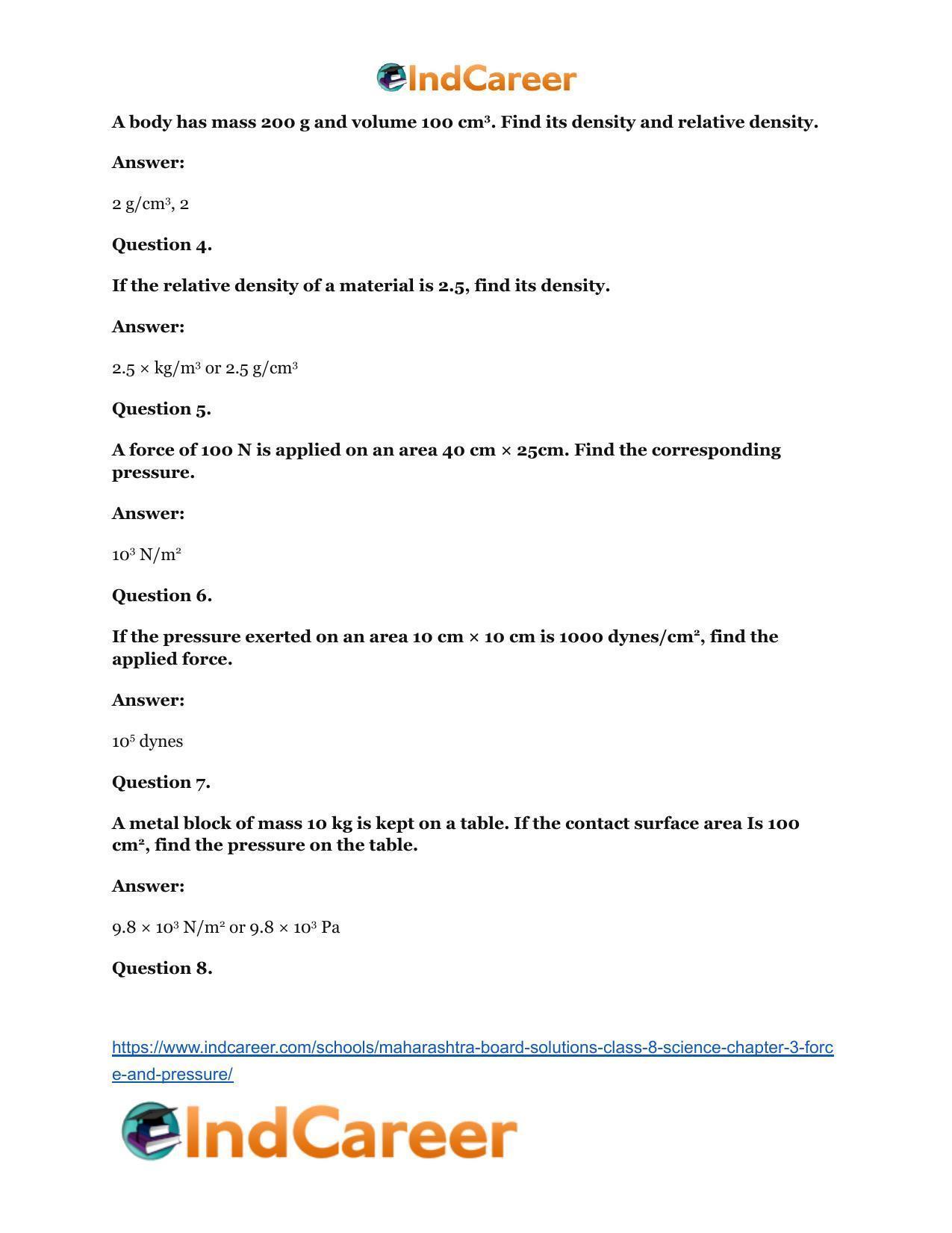 Maharashtra Board Solutions Class 8-Science: Chapter 3- Force and Pressure - Page 65