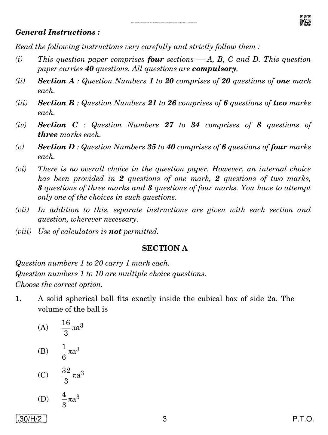 CBSE Class 10 30-C-2 - Maths (Standard) 2020 Compartment Question Paper - Page 3