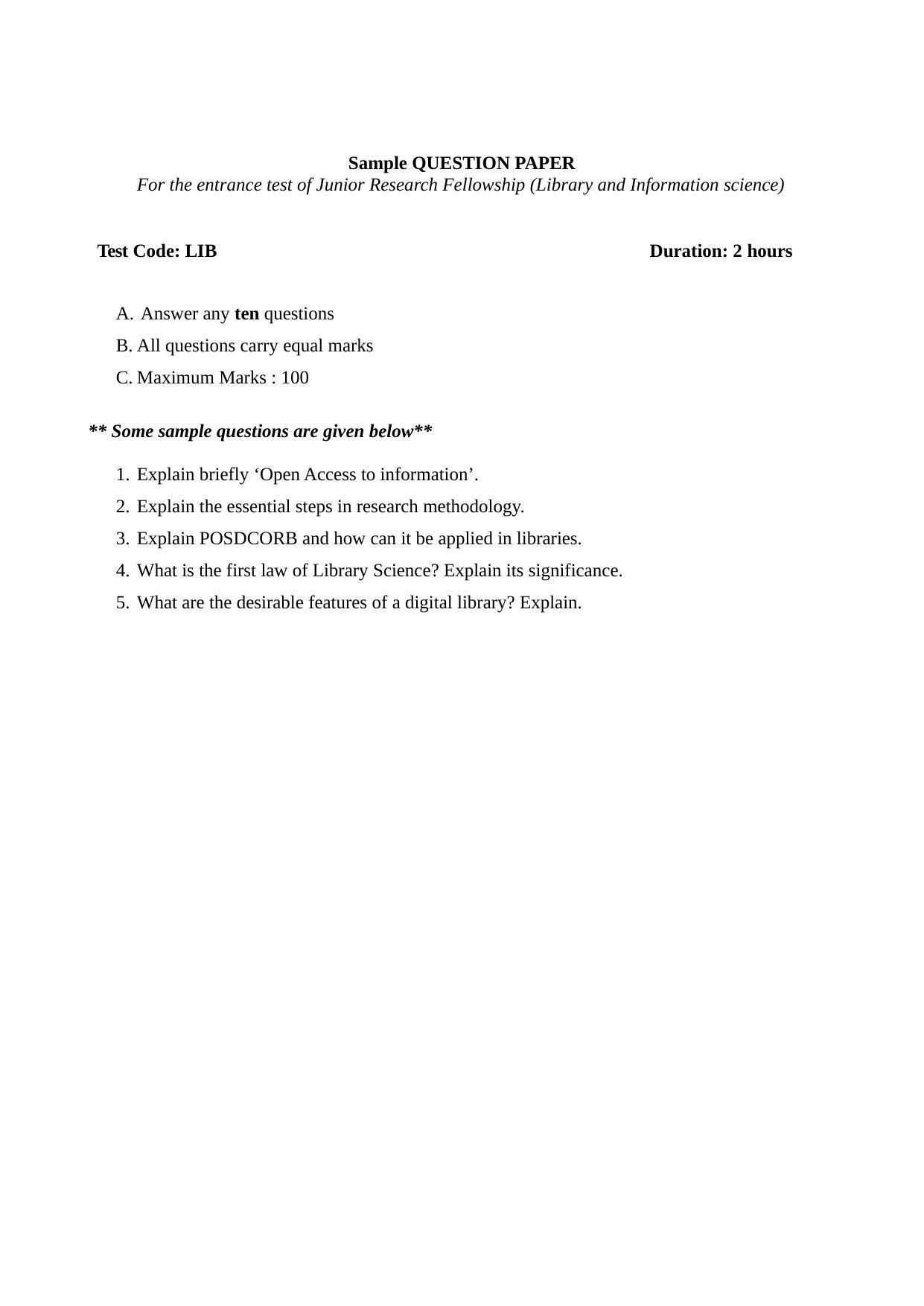 ISI Admission Test JRF in Library and Information Science LIB 2019 Sample Paper - Page 1