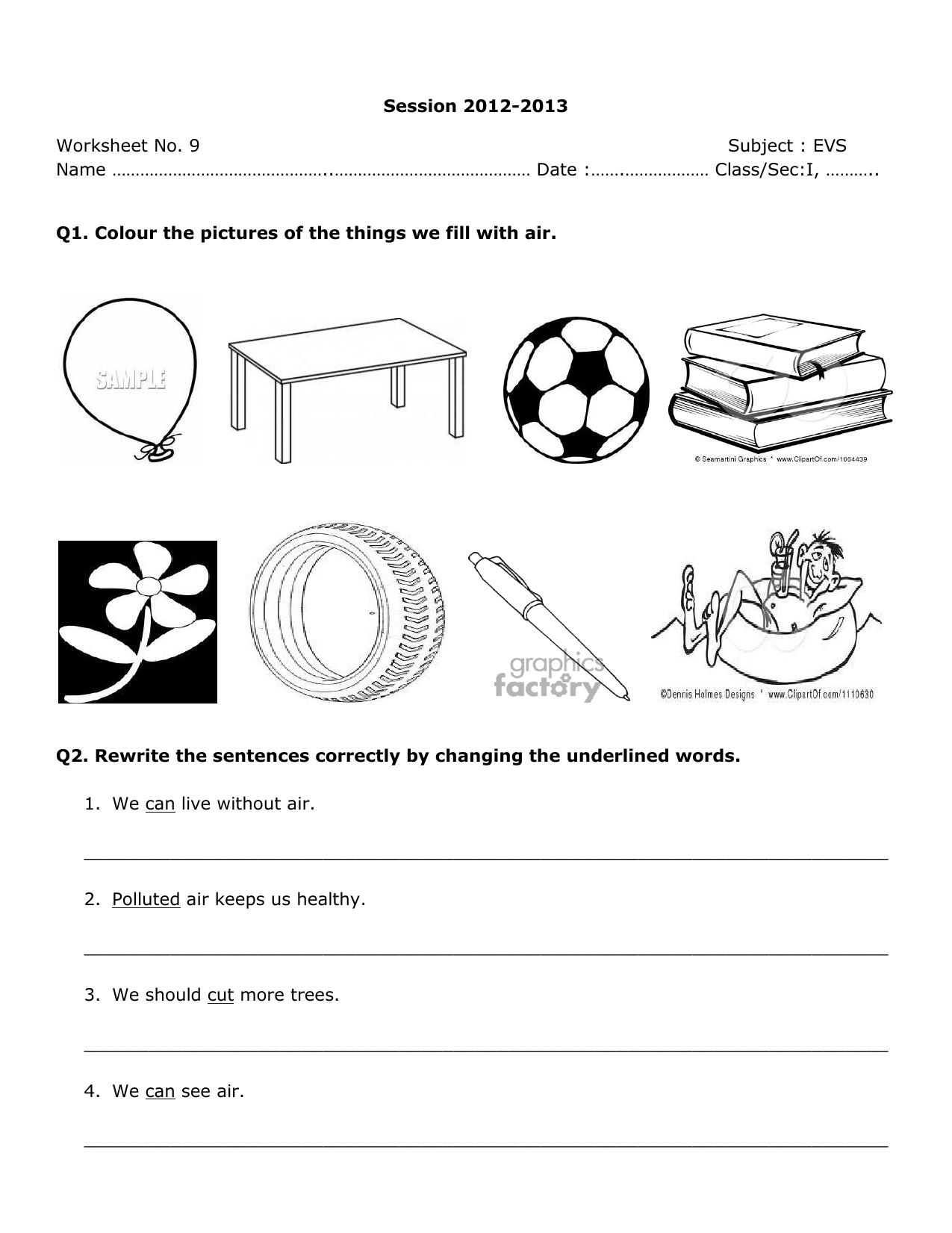 Worksheet for Class 1 EVS Assignment 10 - Page 1