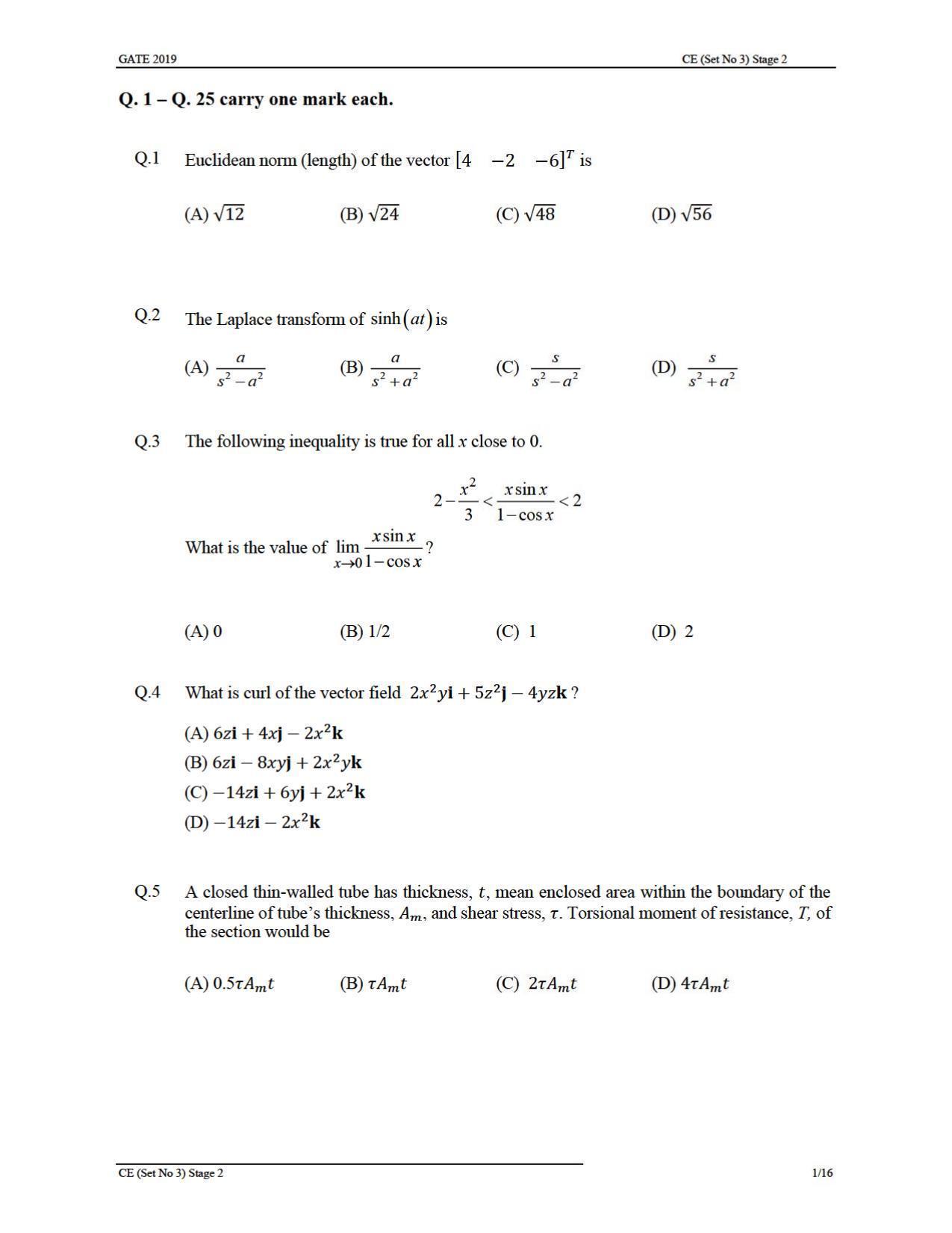 GATE 2019 Civil Engineering (CE) Question Paper - Page 31