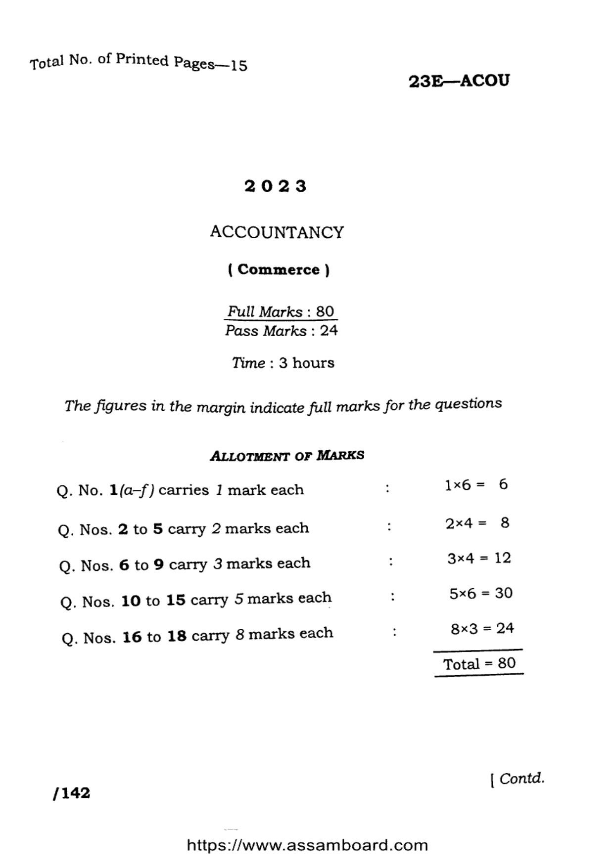 AHSEC Class 11 Commerce (Accountancy) 2023 Question Paper - Page 1