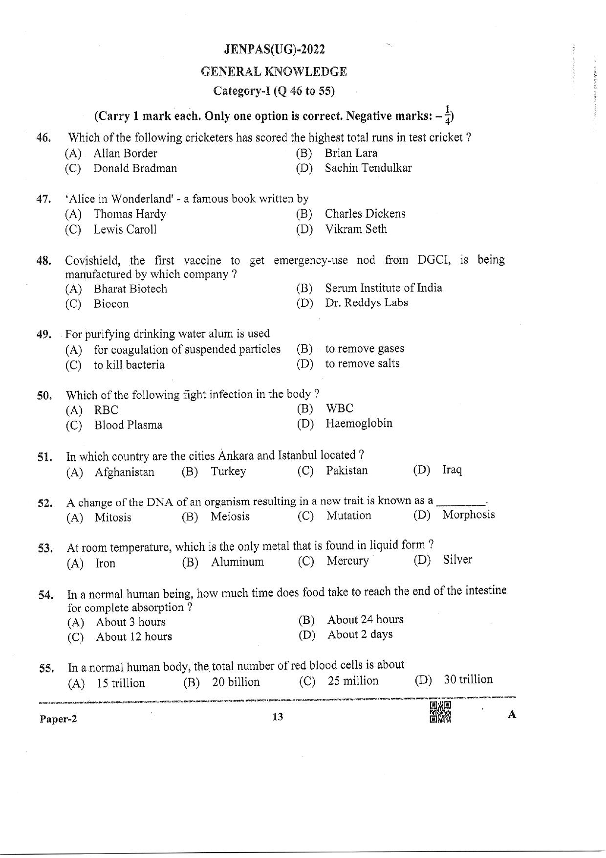 JENPAS (UG) 2022 Paper II (For BHA Only) Question Paper - Page 13