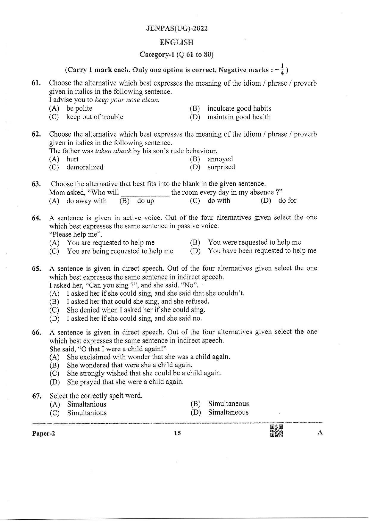 JENPAS (UG) 2022 Paper II (For BHA Only) Question Paper - Page 15